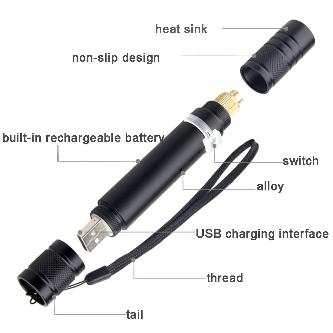 Zerlegter schwarzer Laserpointer, der Komponenten wie Akku und USB-Ladeschnittstelle auf weißem Hintergrund zeigt.