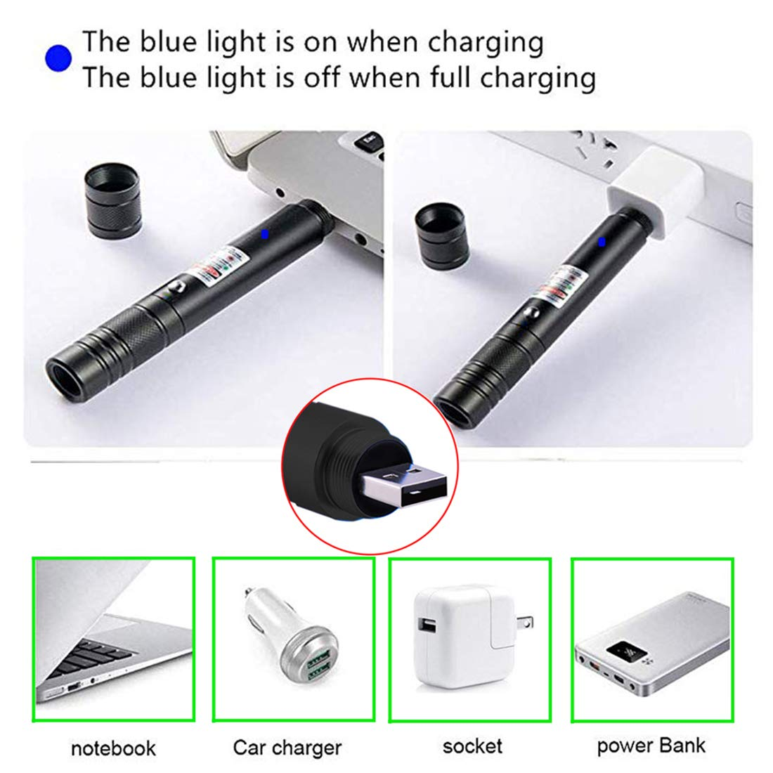 Laserpointer laden. Text: Blaues Licht beim Laden an, bei voller Ladung aus.