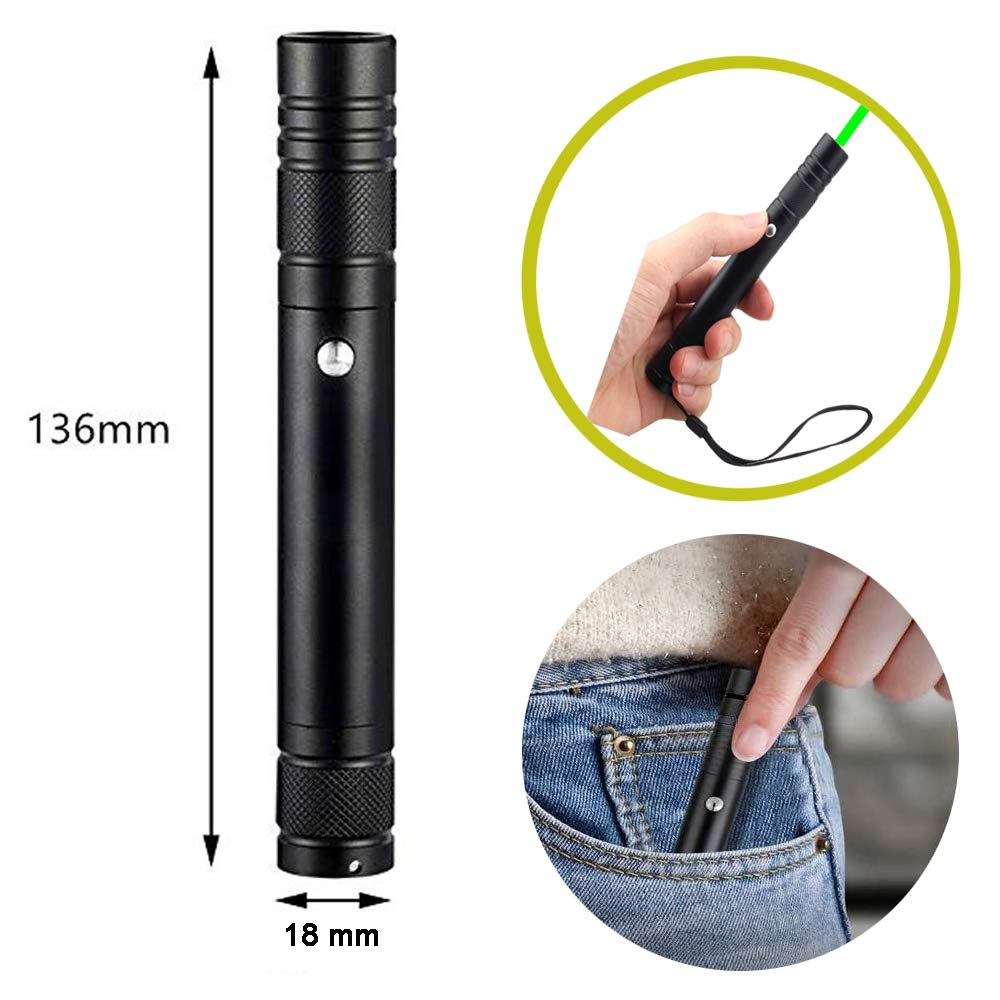 Ein schwarzer Laserpointer mit den Maßen 136 mm Länge und 18 mm Durchmesser, mit grünem Licht.