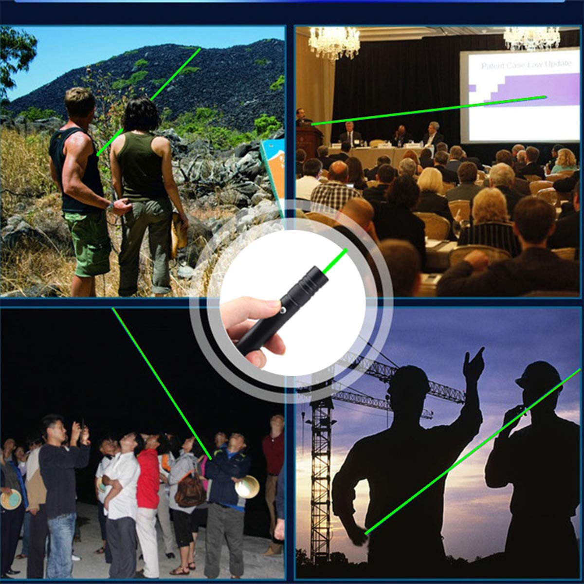Ein Laserpointer, der einen grünen Strahl aussendet, in verschiedenen Kontexten gezeigt.