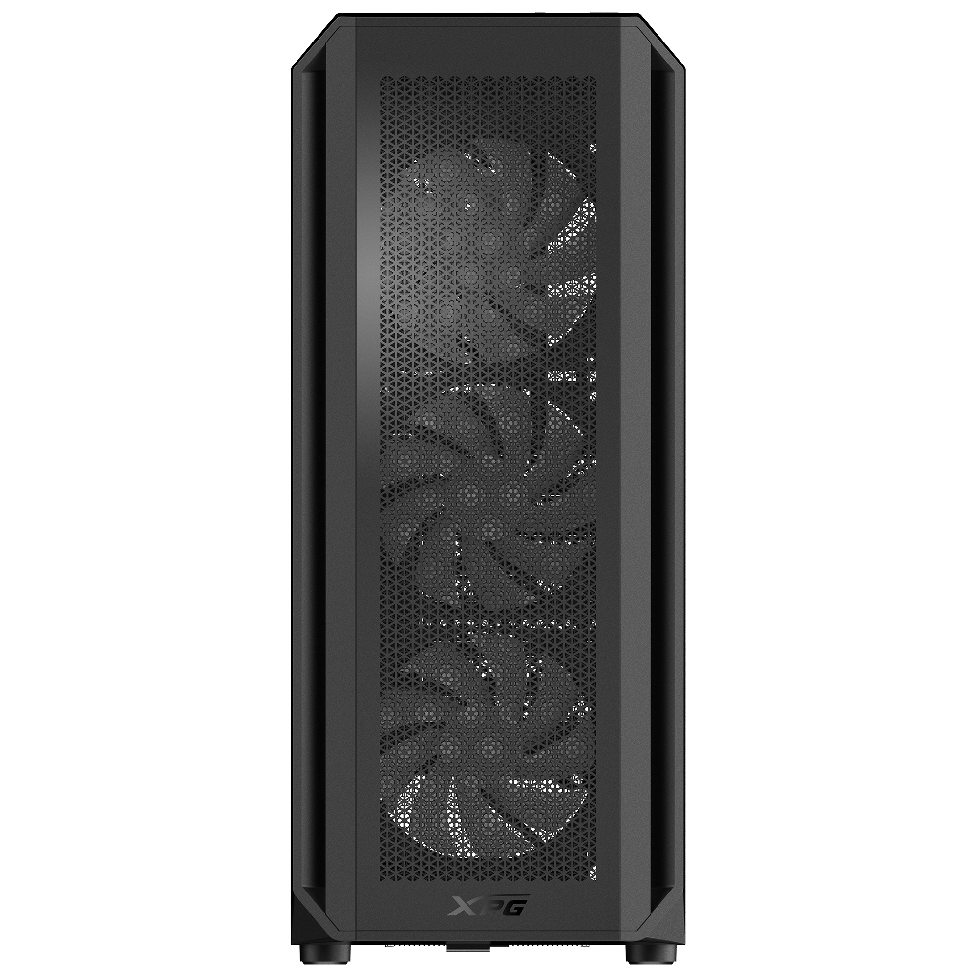 Un case per computer XPG nero con una parte anteriore a rete che mostra tre ventole, su sfondo bianco.