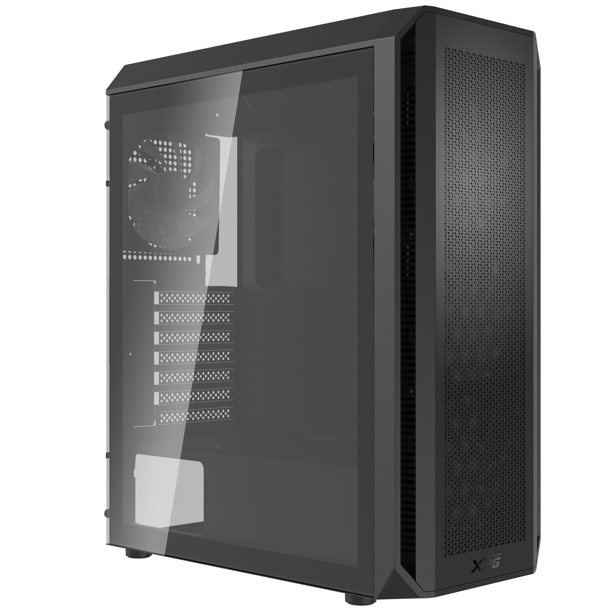 Un case per computer nero con un pannello laterale trasparente e una parte anteriore a rete, vista angolata.