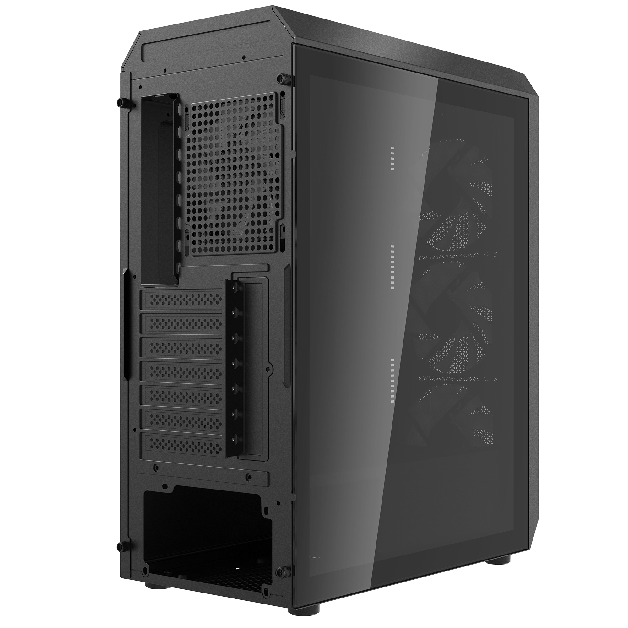 Case per computer nero con pannello laterale in vetro. La parte posteriore è visibile senza componenti.