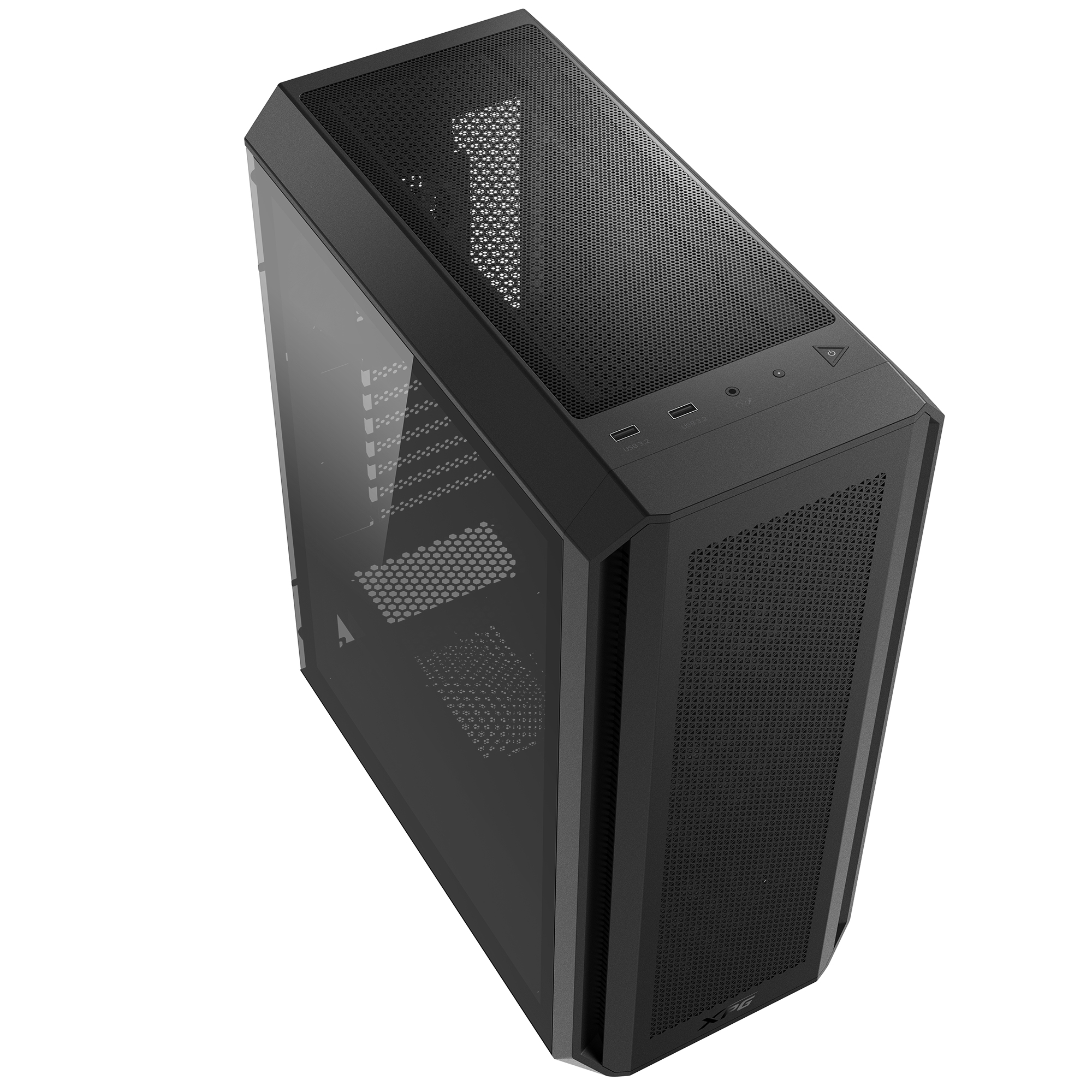 Case per computer nero con pannello laterale trasparente e frontale a rete.
