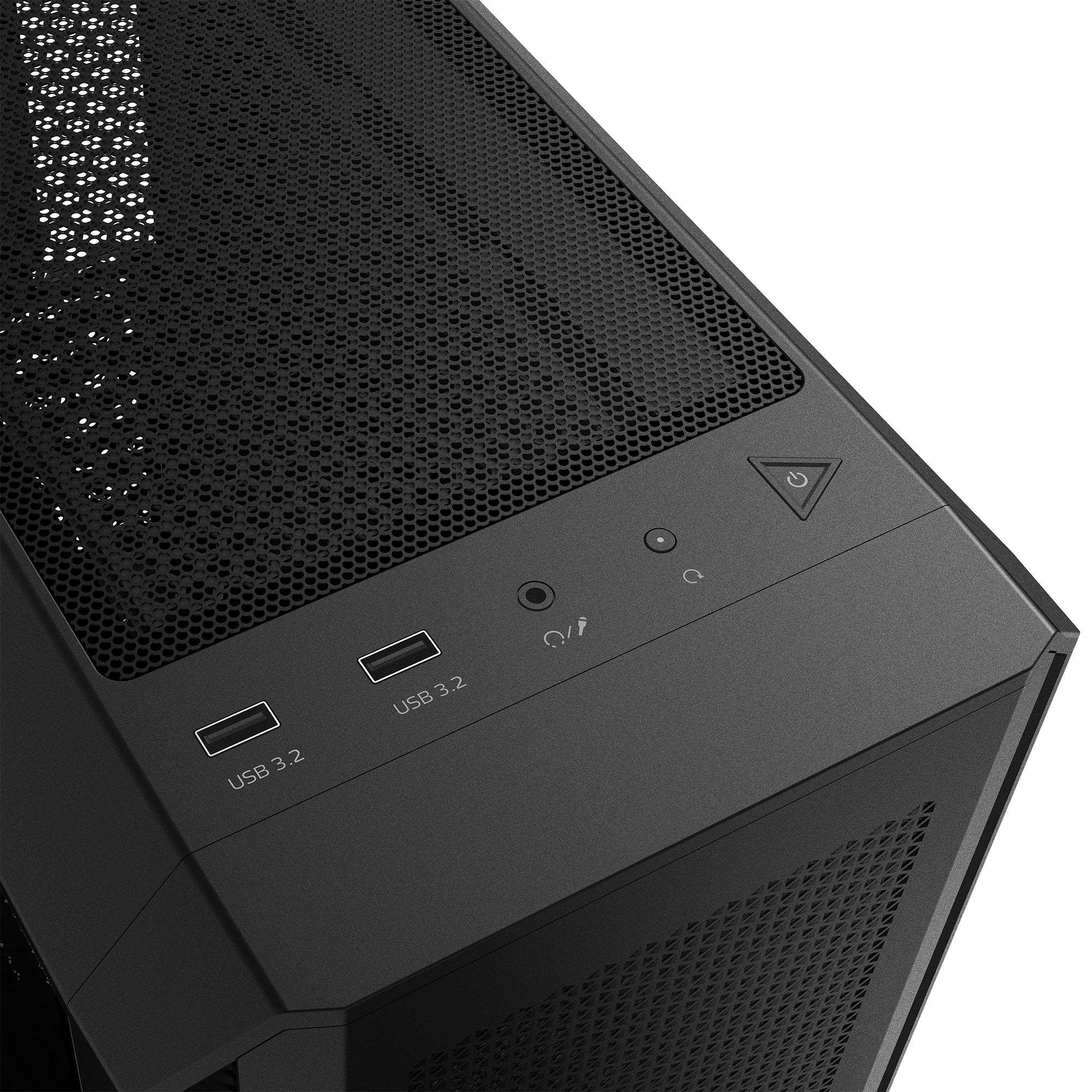 Primo piano della parte superiore di un case per computer nero, con porte USB e altri pulsanti di controllo.