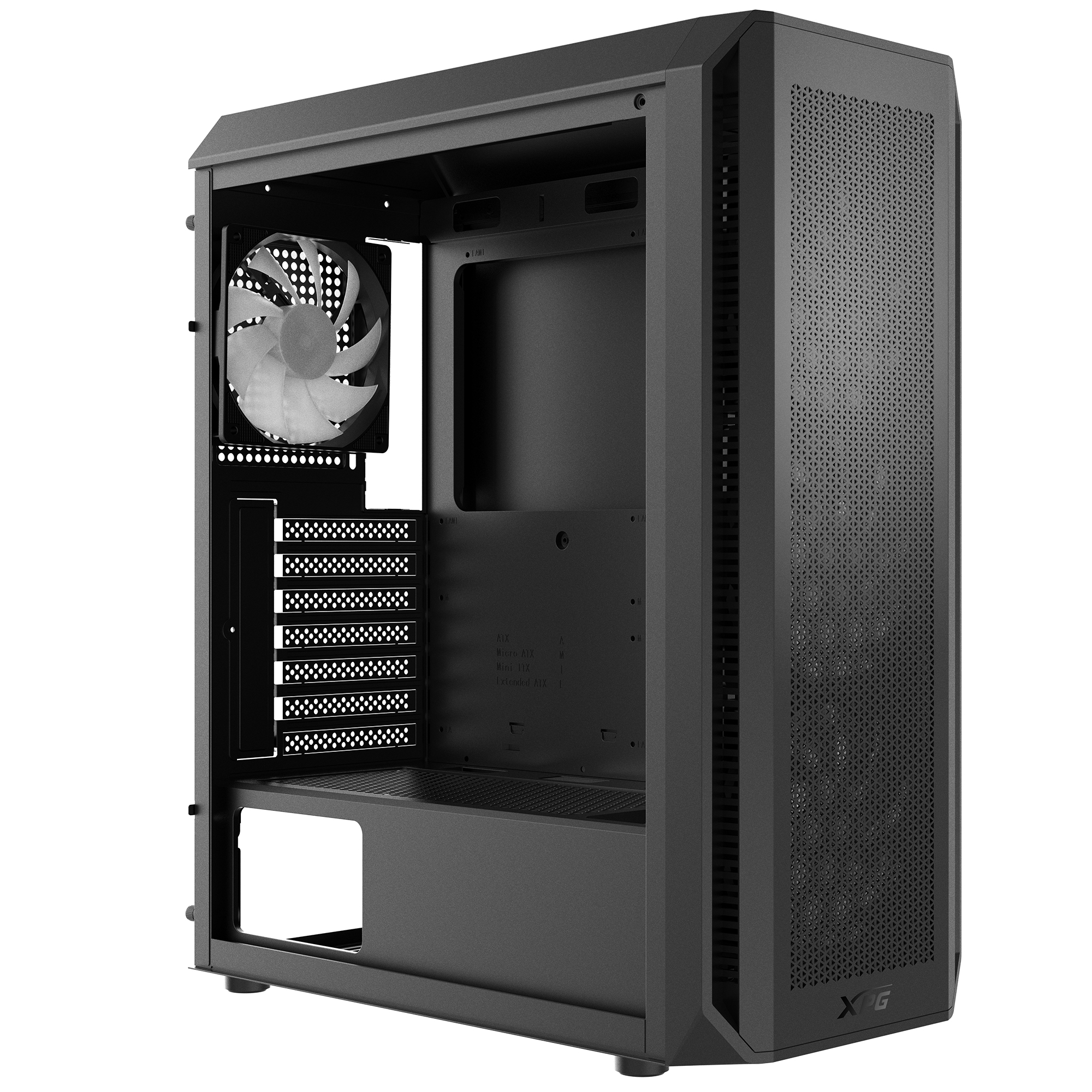 Case per computer nero. Pannello laterale aperto con ventola all'interno e vista dell'interno.