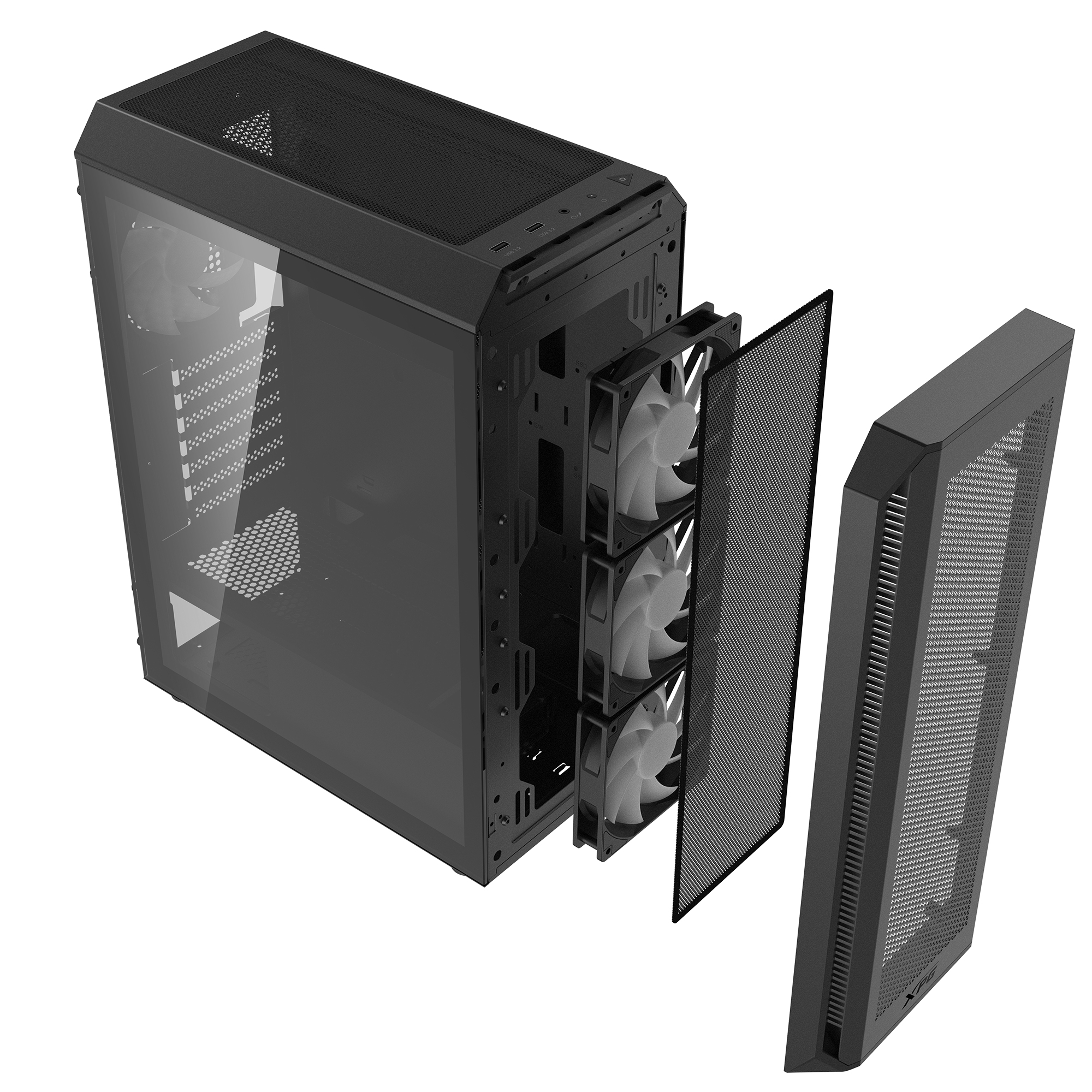 Case per computer nero con pannello laterale aperto che mostra le ventole. Un altro pannello è rimosso.