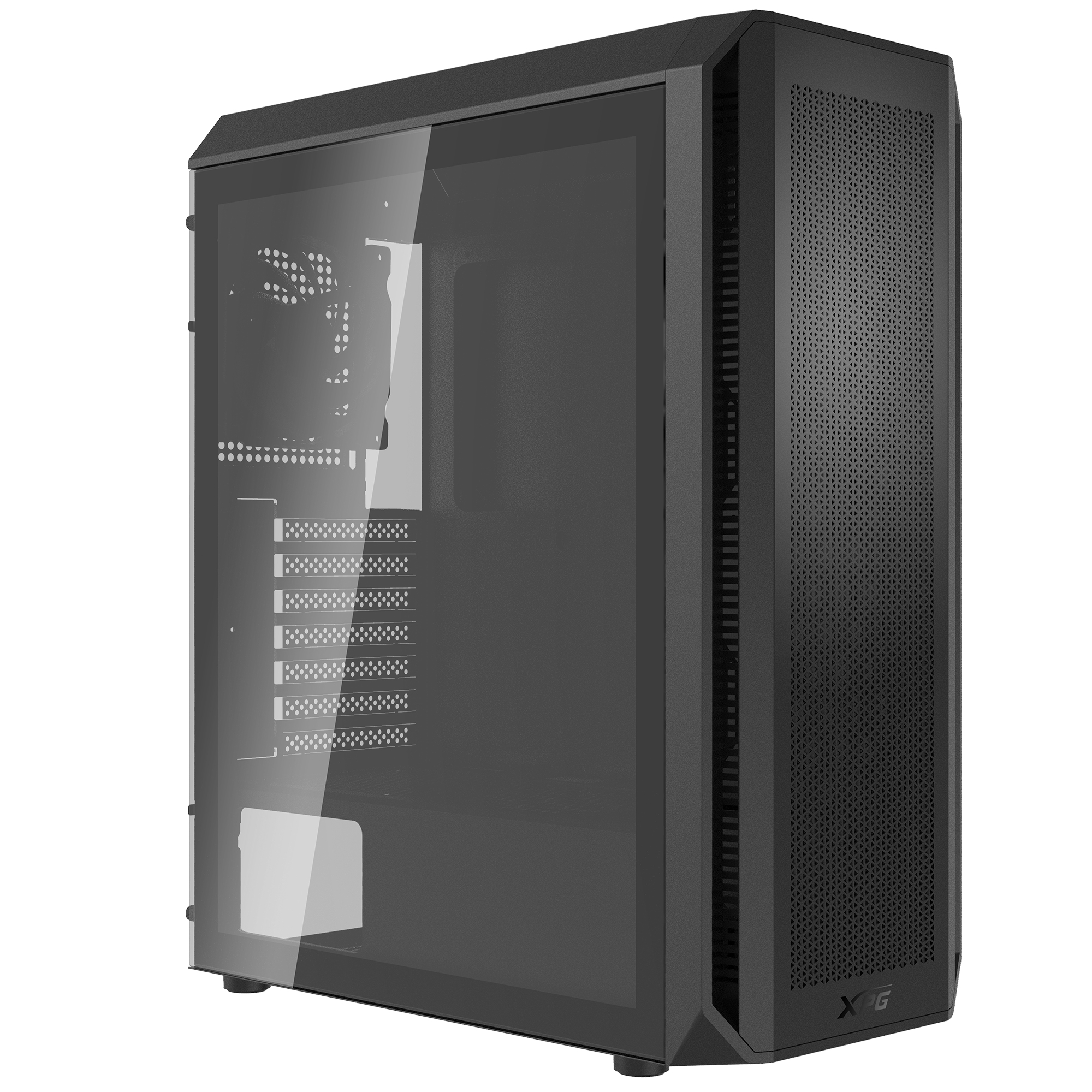 Un case per computer XPG nero con un pannello laterale in vetro, che mostra i componenti interni.