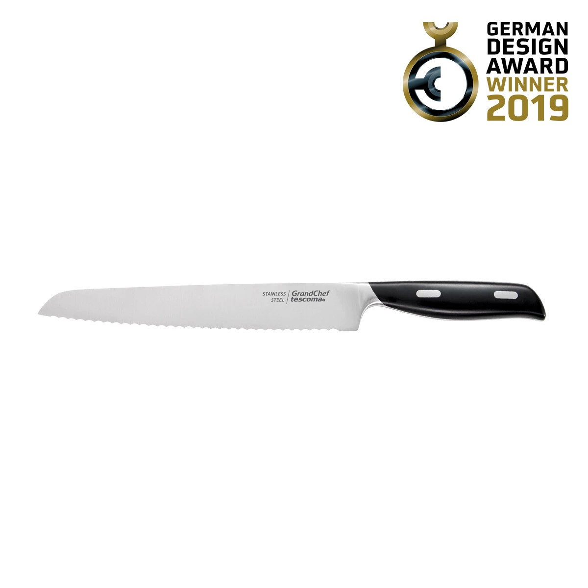 Ein Brotmesser mit schwarzem Griff und gezahnter Klinge, mit einem Aufkleber 'German Design Award Winner 2019'.