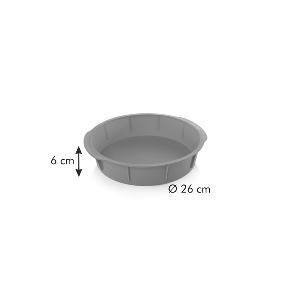 Graue runde Backform aus Silikon. Durchmesser 26 cm und 6 cm Höhe. Weißer Hintergrund.
