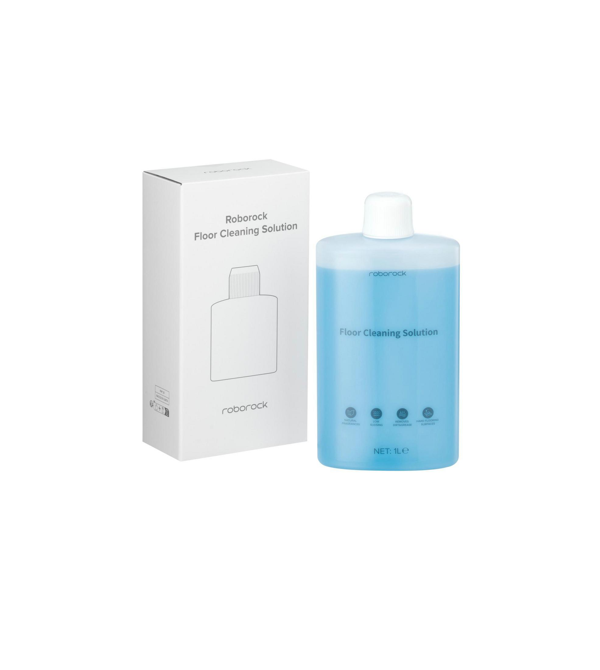 Roborock Bodenreinigungslösung, mit Karton und Flasche. Die Flasche ist hellblau mit weißem Deckel und Etikett.