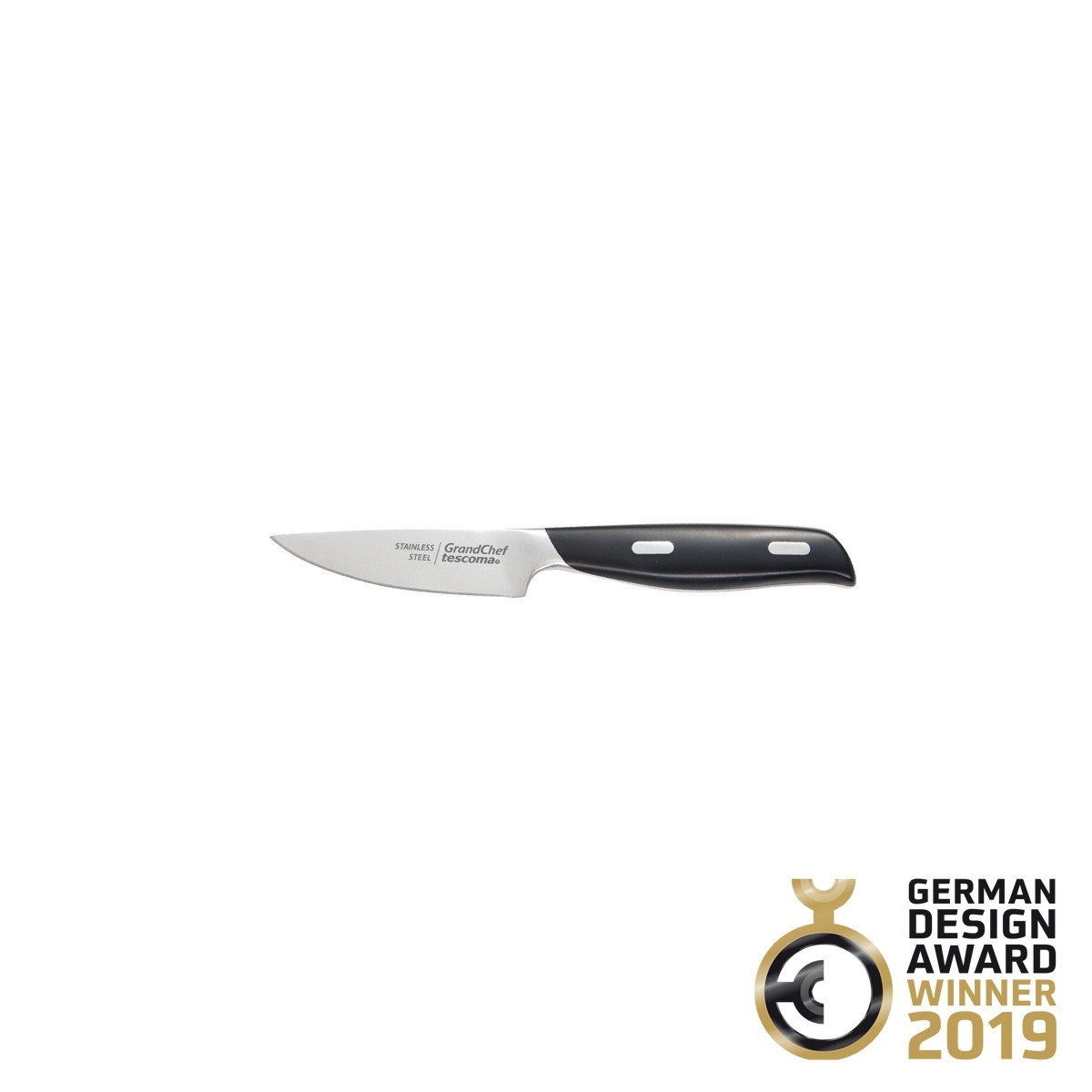Ein schwarzes und silbernes Messer mit schwarzem Griff wird auf weißem Hintergrund angezeigt.