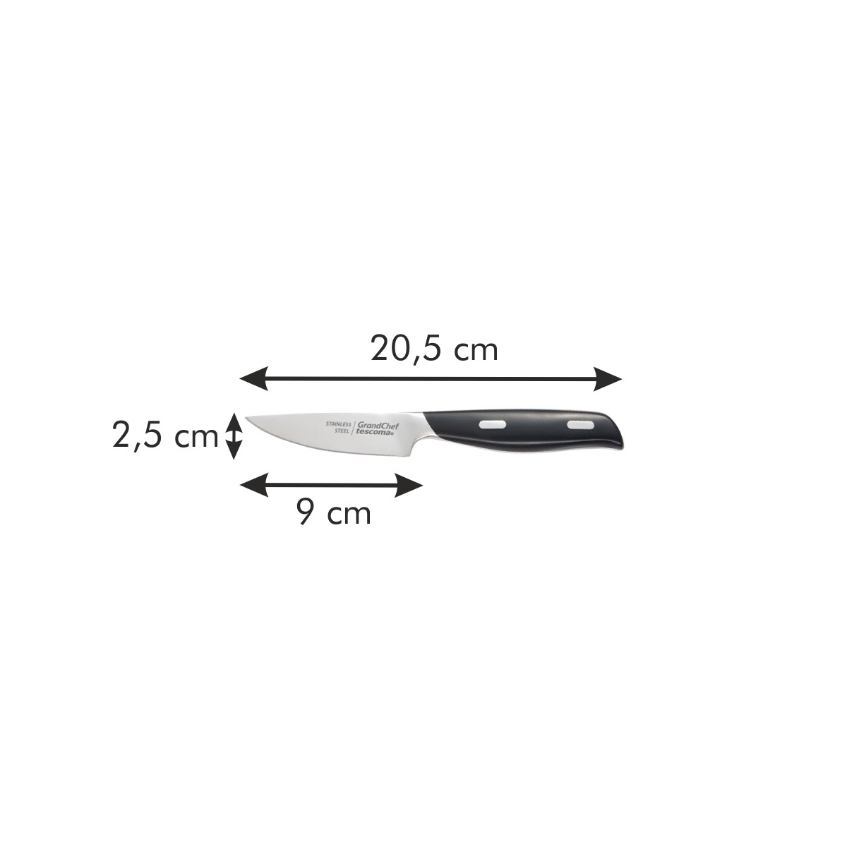Kleines Küchenmesser mit schwarzem Griff und Edelstahlklinge, Maße angegeben.