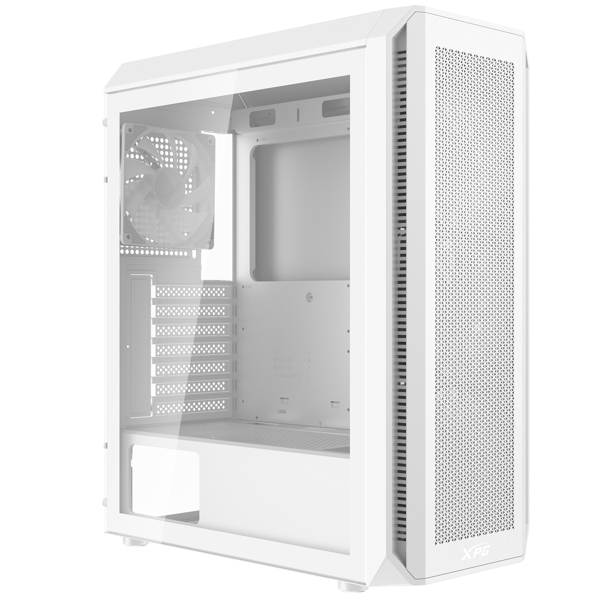 Una caja de ordenador blanca con un panel lateral transparente. Los componentes internos son visibles.