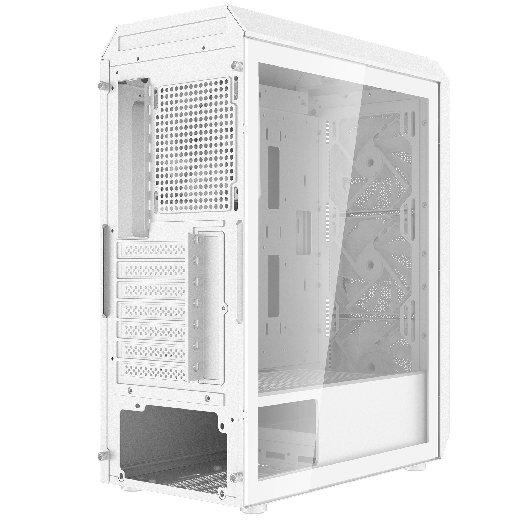 Caja de ordenador blanca con panel lateral de vidrio, mostrando componentes internos.