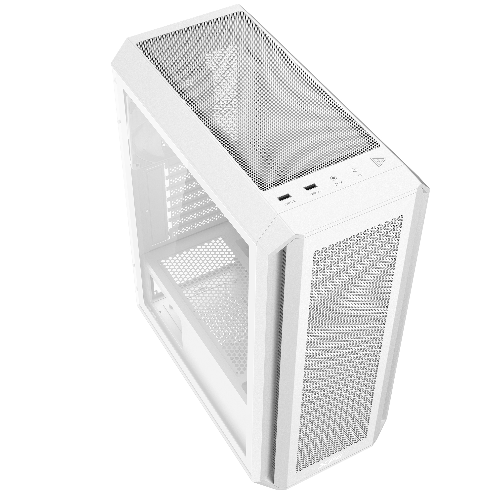 Caja de ordenador blanca, vista superior, mostrando malla y puertos USB.