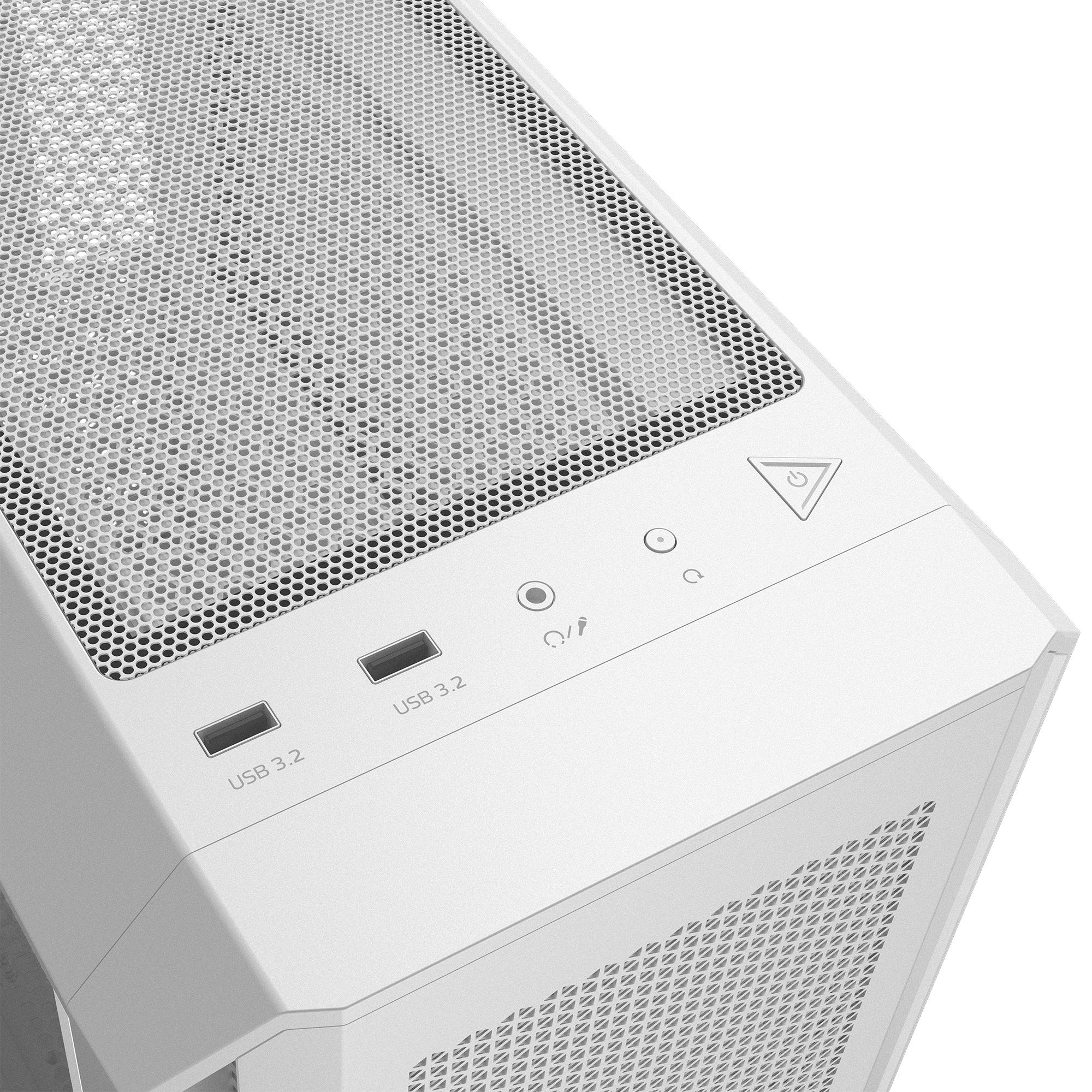 Vista superior de la caja de la computadora blanca. Puertos USB, botón de encendido y rejilla de ventilación.