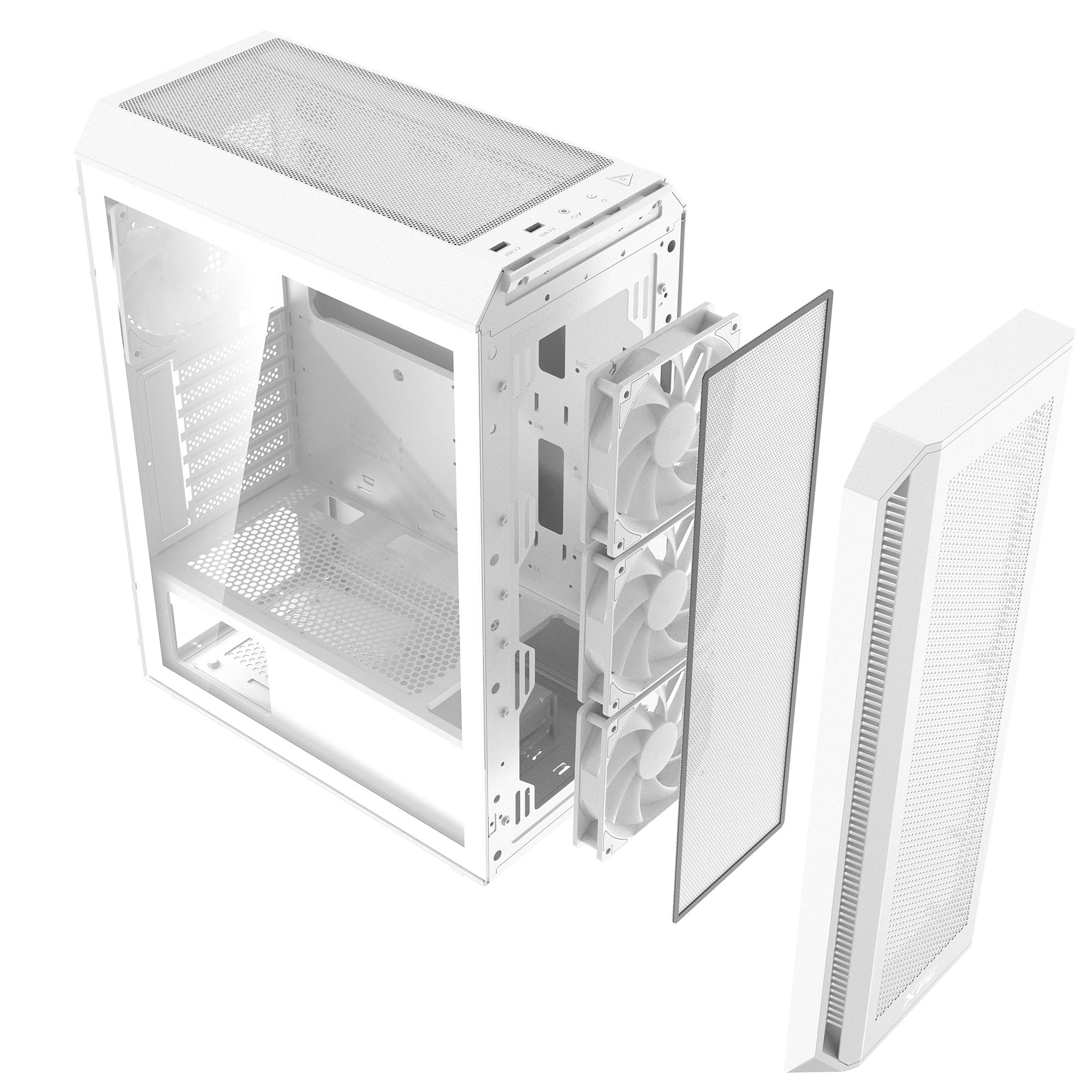 Una caja de computadora blanca con ventiladores. La caja está abierta, con componentes visibles.