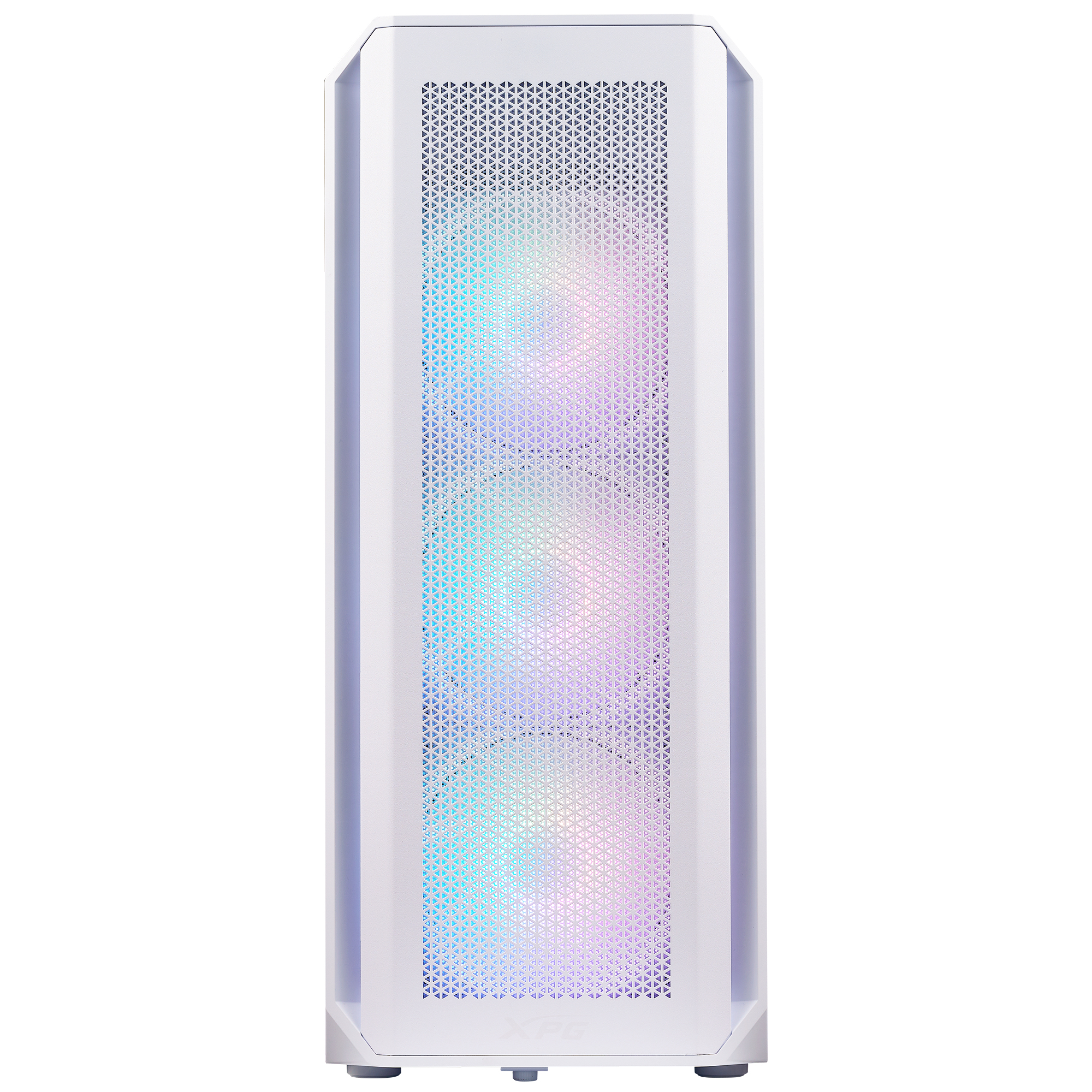 Carcasa de ordenador blanca con panel frontal iluminado y colorido con diseño de panal.