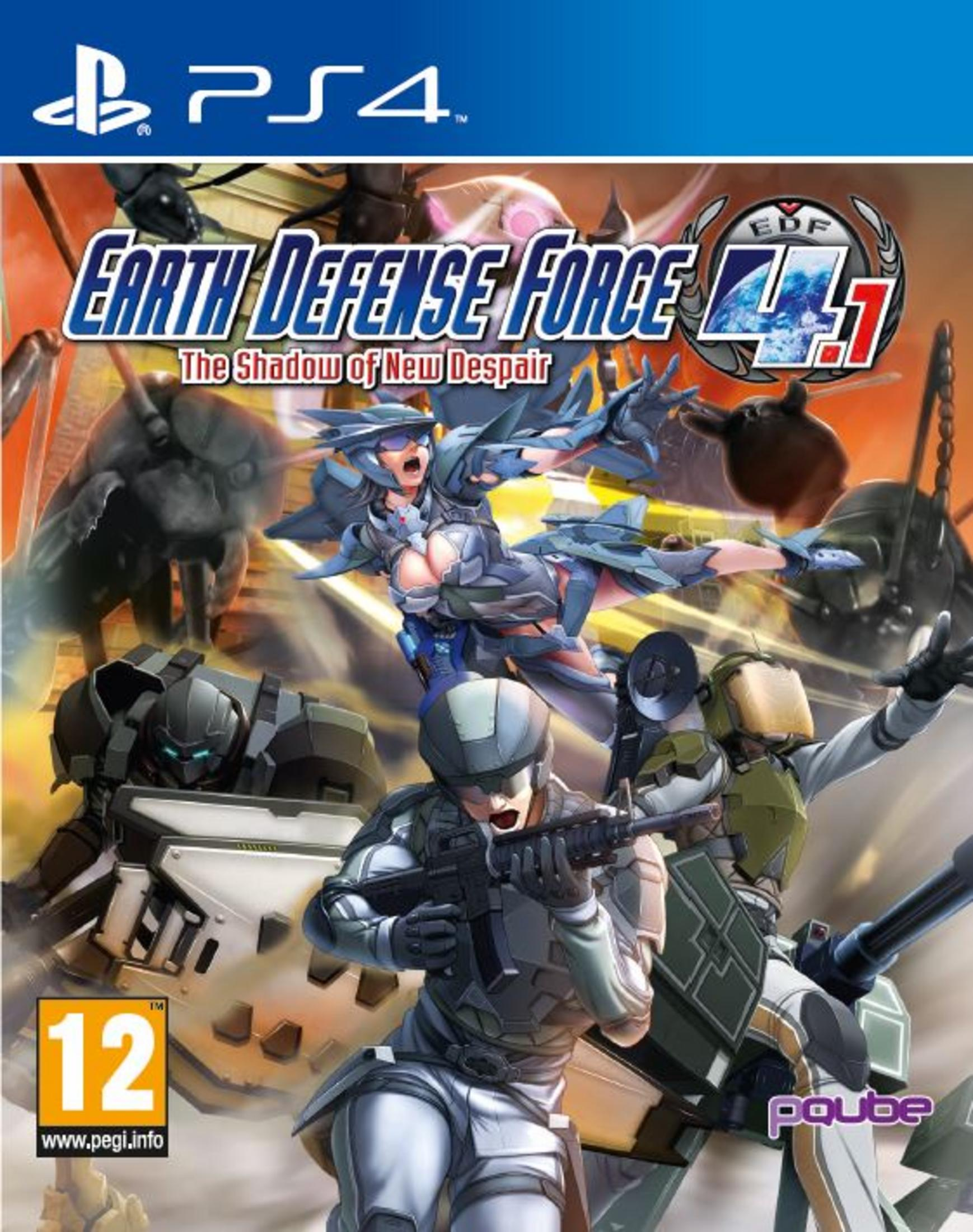 Spielcover für Earth Defense Force 4.1. Zeigt Soldaten, Roboter und eine Frau in Rüstung. Das PS4-Logo ist vorhanden.