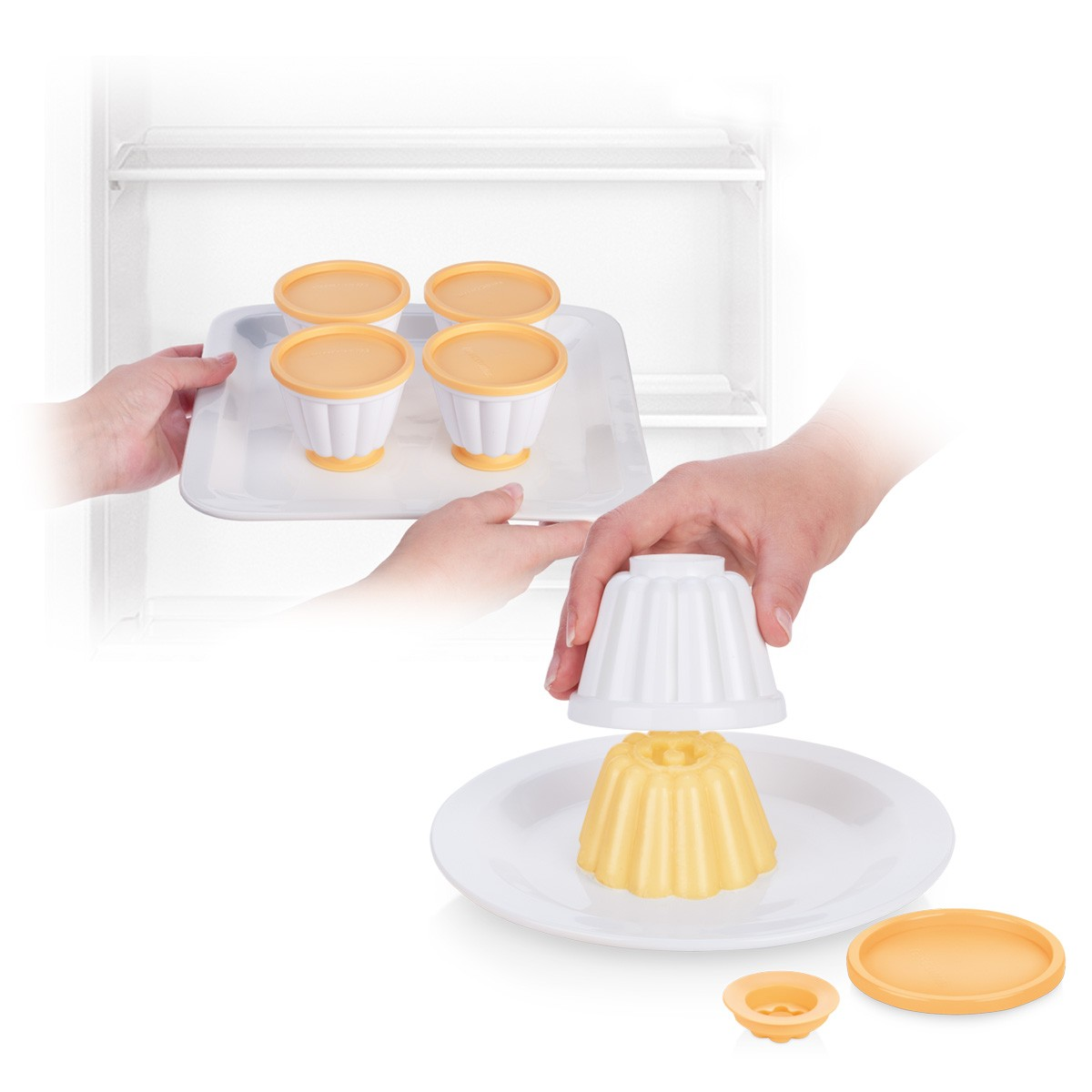 Hände, die eine Form für Desserts arrangieren. Vier gefüllte Becher auf einem Tablett. Ein Dessert wird aus der Form genommen.