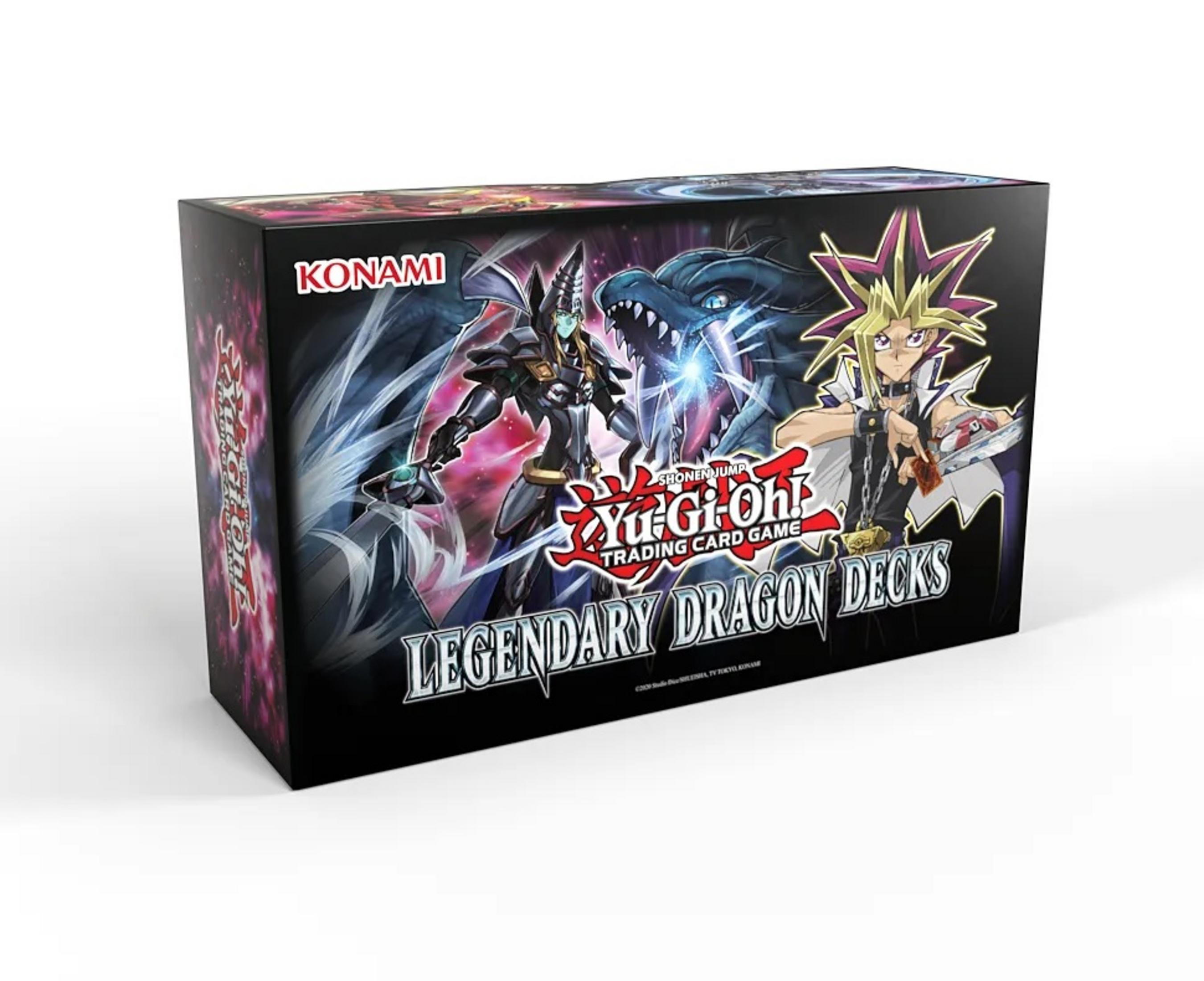 Eine Yu-Gi-Oh! Legendary Dragon Decks Box mit verschiedenen Charakteren und einem Spiel-Logo.