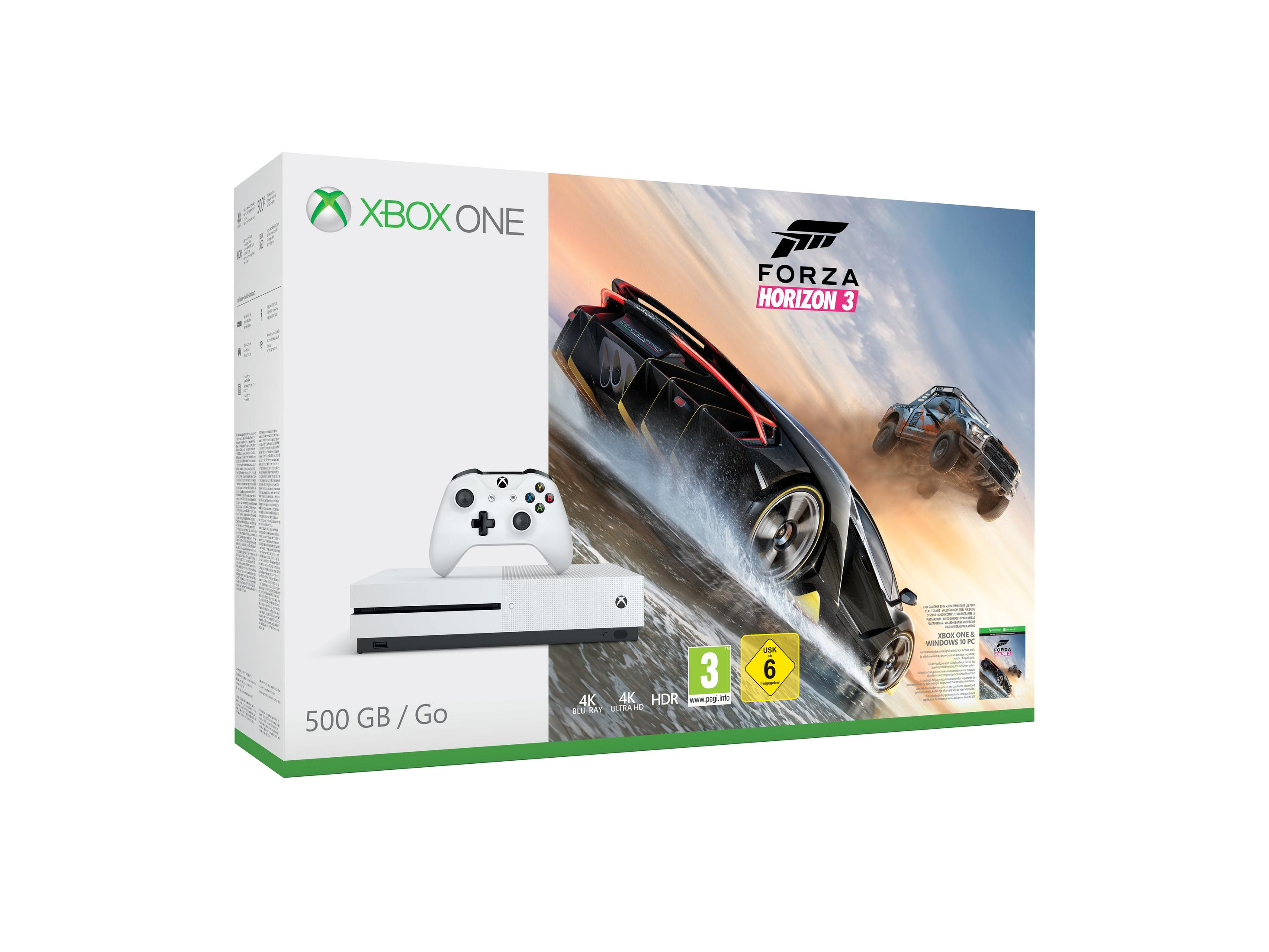 Eine Xbox One-Konsole-Box mit Forza Horizon 3-Spiel, Controller und Konsole. Weißer Hintergrund.