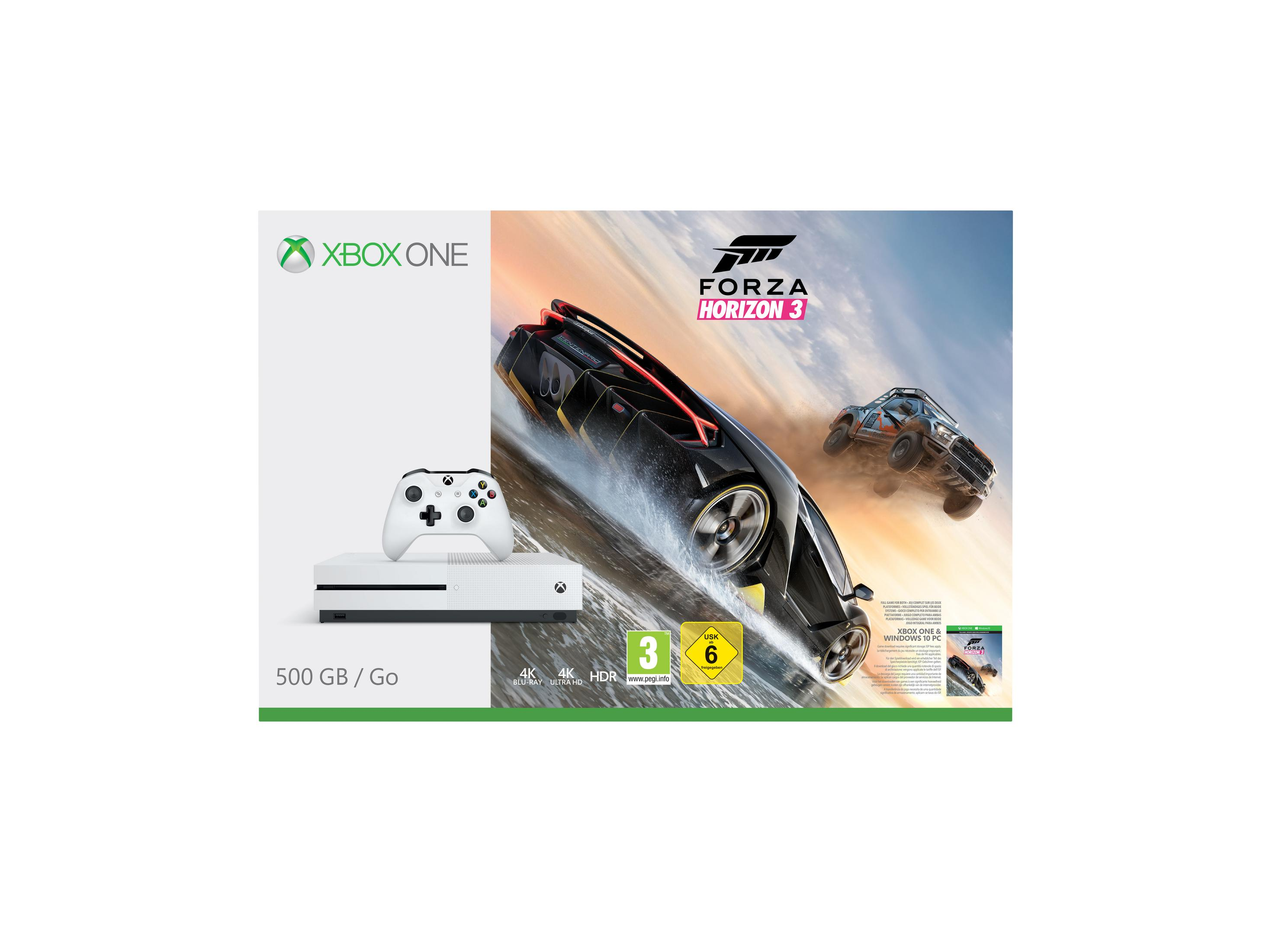 Xbox One Konsole und Controller sowie Forza Horizon 3 Spielverpackung auf weißem Hintergrund.