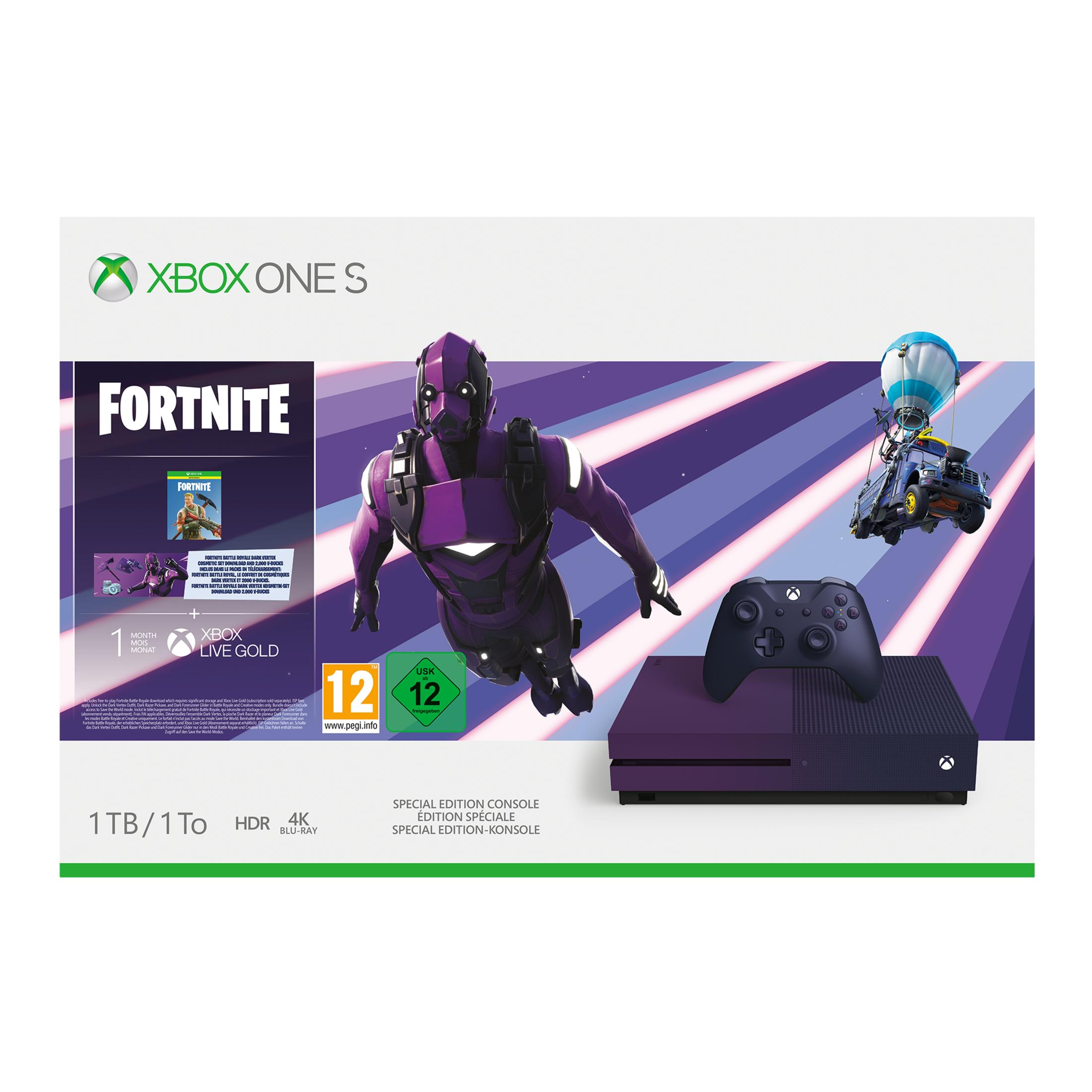 Xbox One S Fortnite Bundle. Enthält Konsole, Controller, Spiel und Werbebilder.