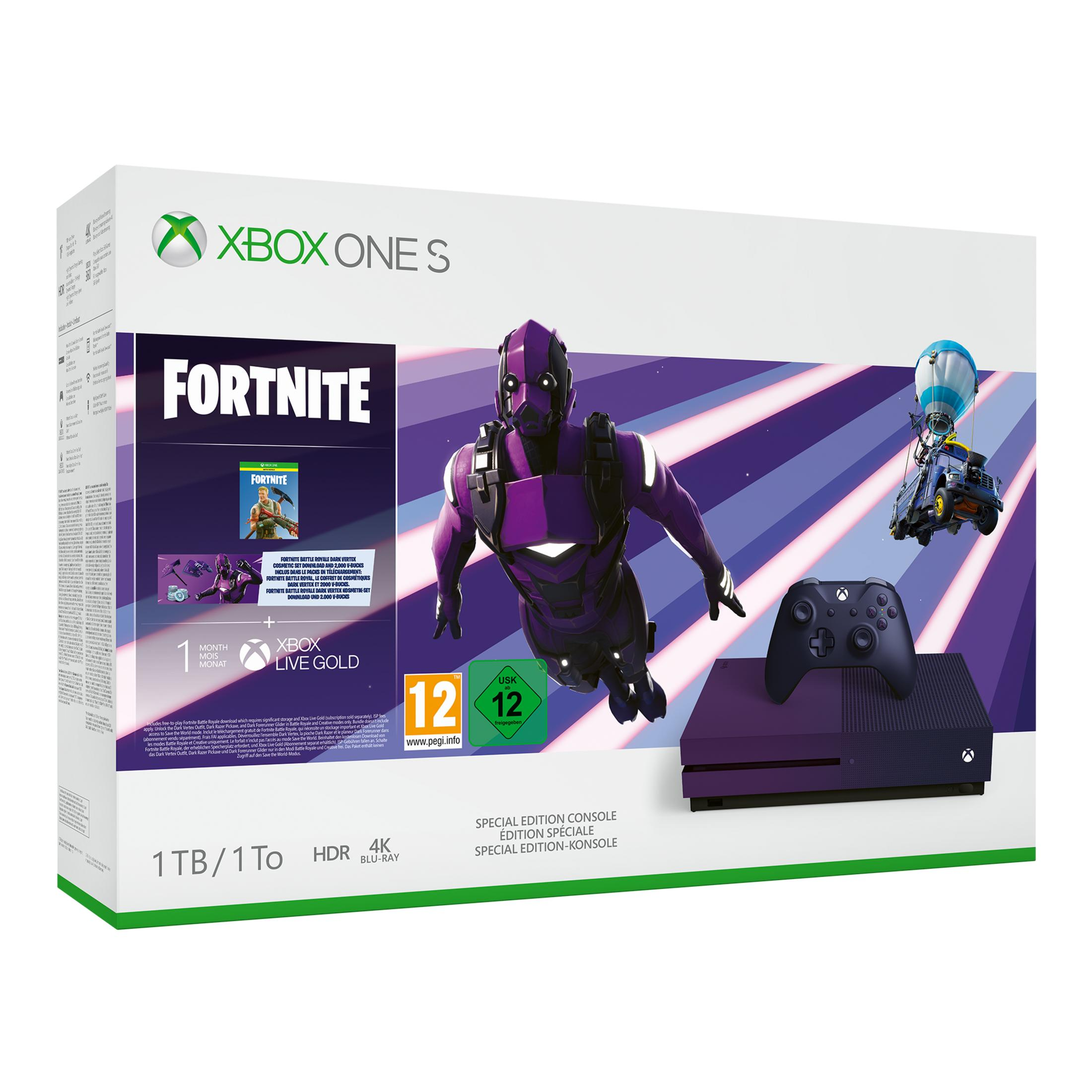 Xbox One S Fortnite-Bundle. Lila Figur und Controller auf der Box. Schwarze Konsole.