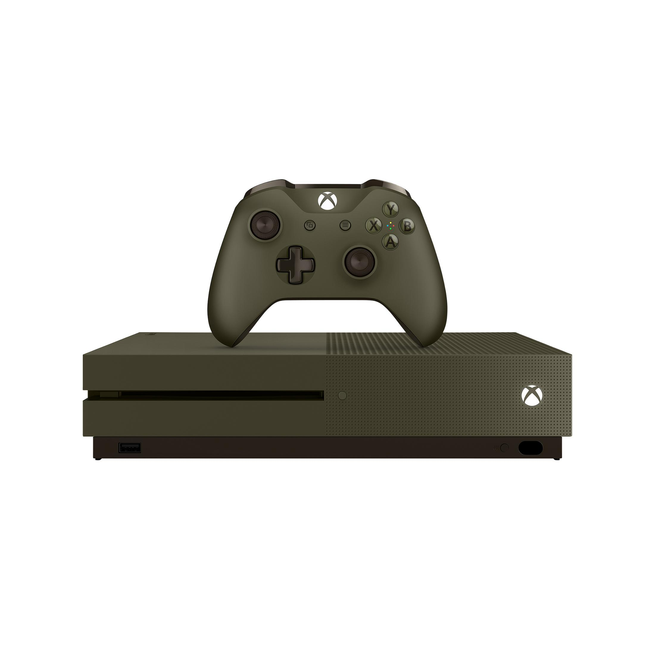 Xbox One Konsole und Controller in Olivgrün. Die Konsole hat das Xbox Logo.