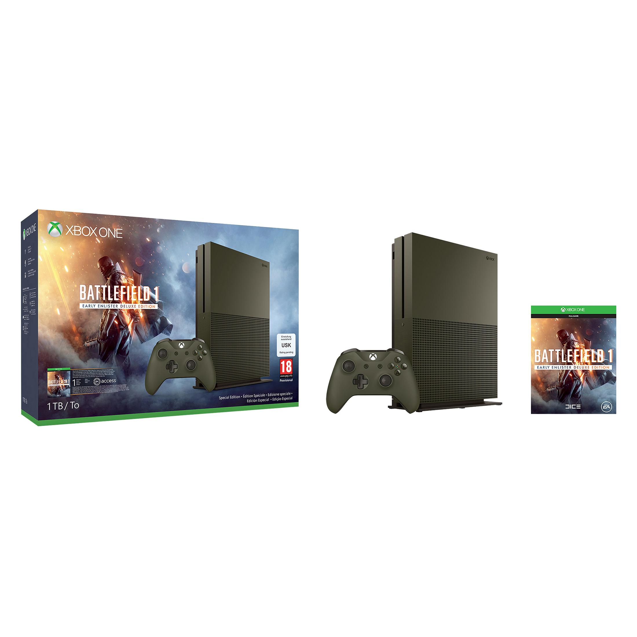 Xbox One Battlefield 1 Bundle. Konsole, Controller, Spiel und Verpackung mit Spielgrafik.