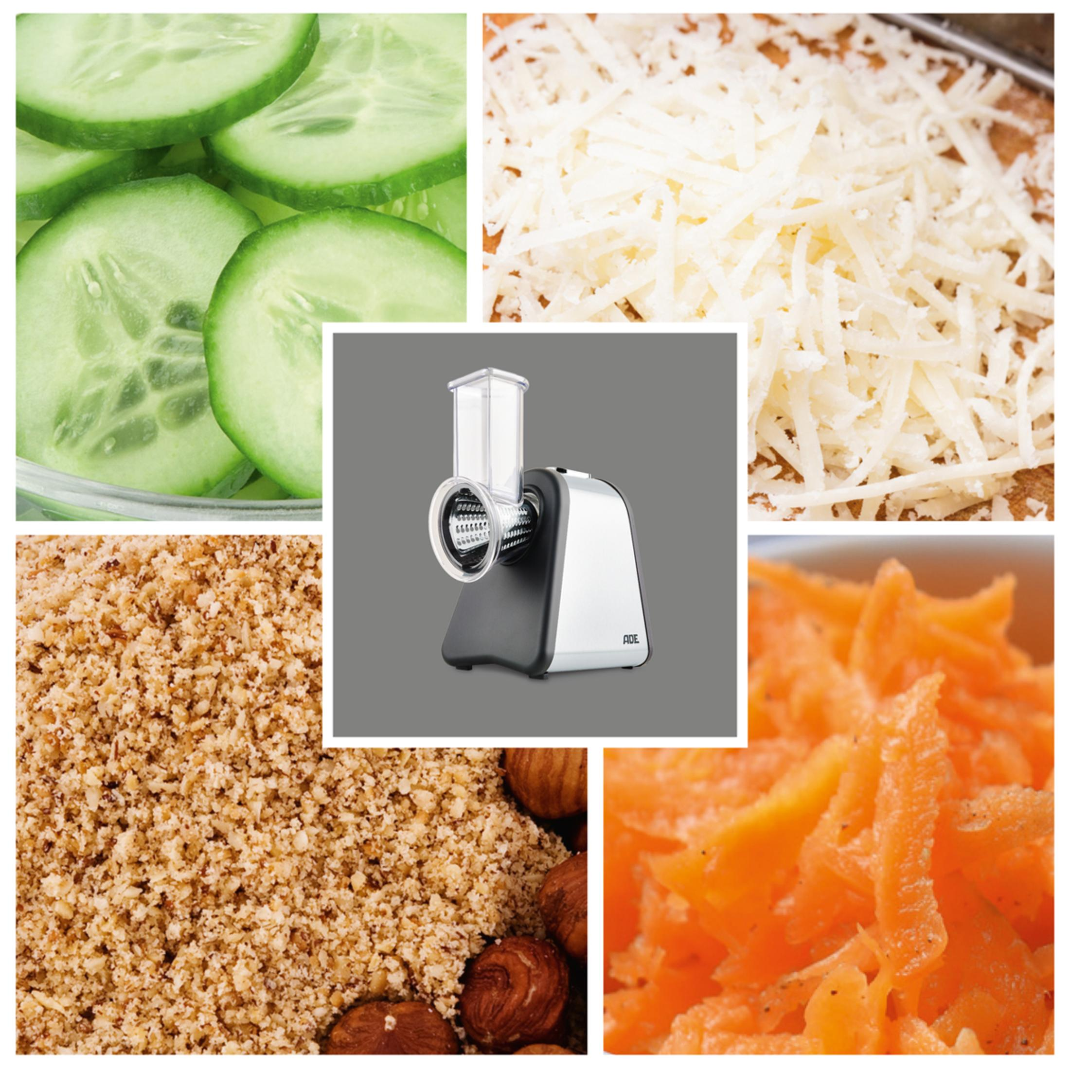 Zutaten-Collage: Gurkenscheiben, Käse, Nüsse, Karotten und Reibe.