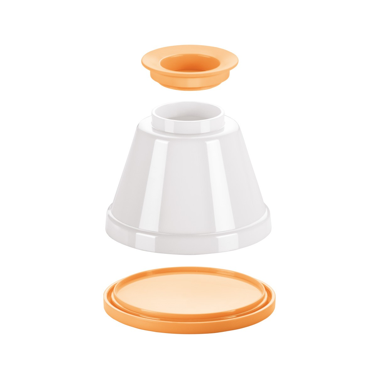 Widok rozstrzelony elementów butelki dla dziecka. Pomarańczowa góra, biały korpus i pomarańczowa podstawa.