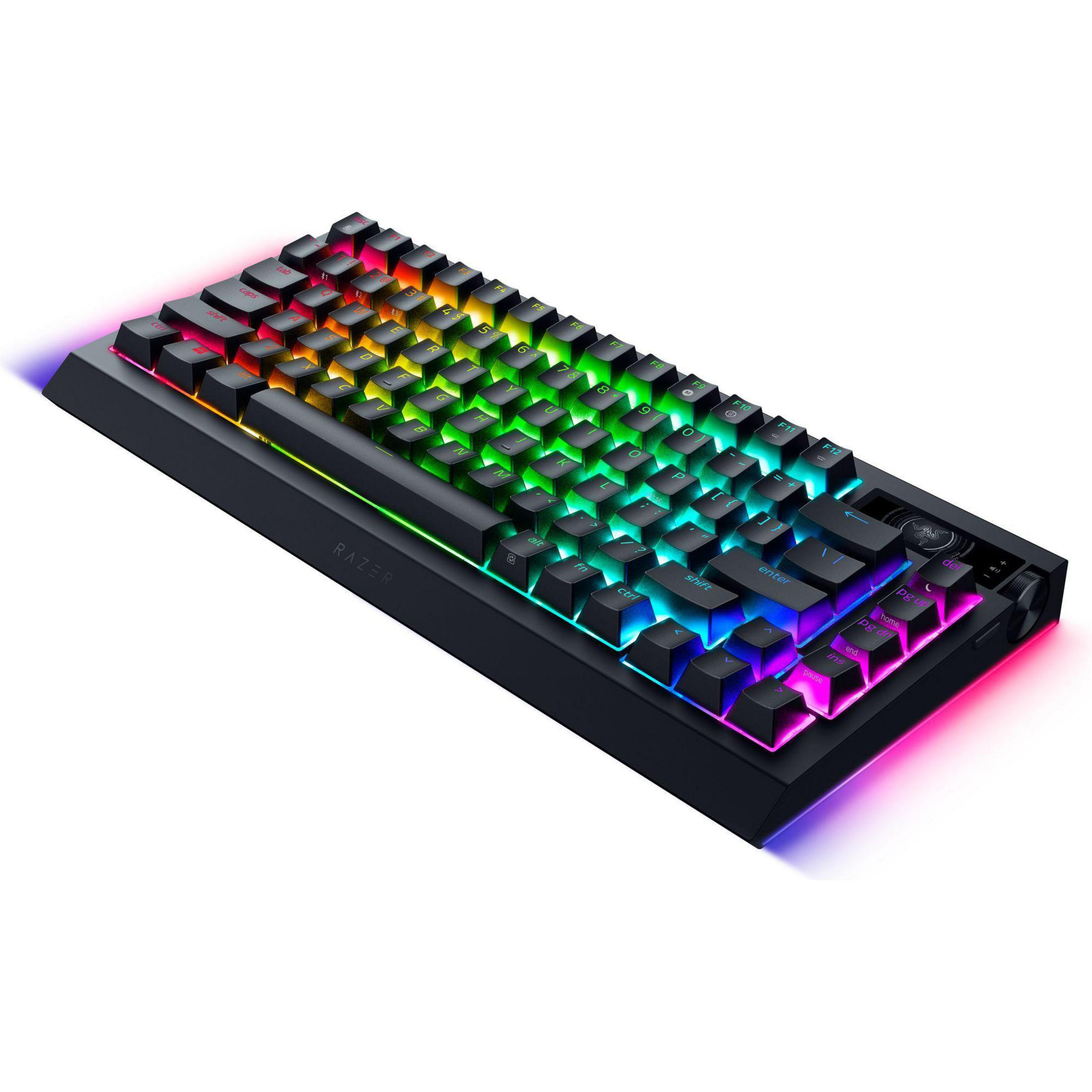 Een zwart toetsenbord met van kleur veranderende toetsen. De merknaam RAZER is zichtbaar.