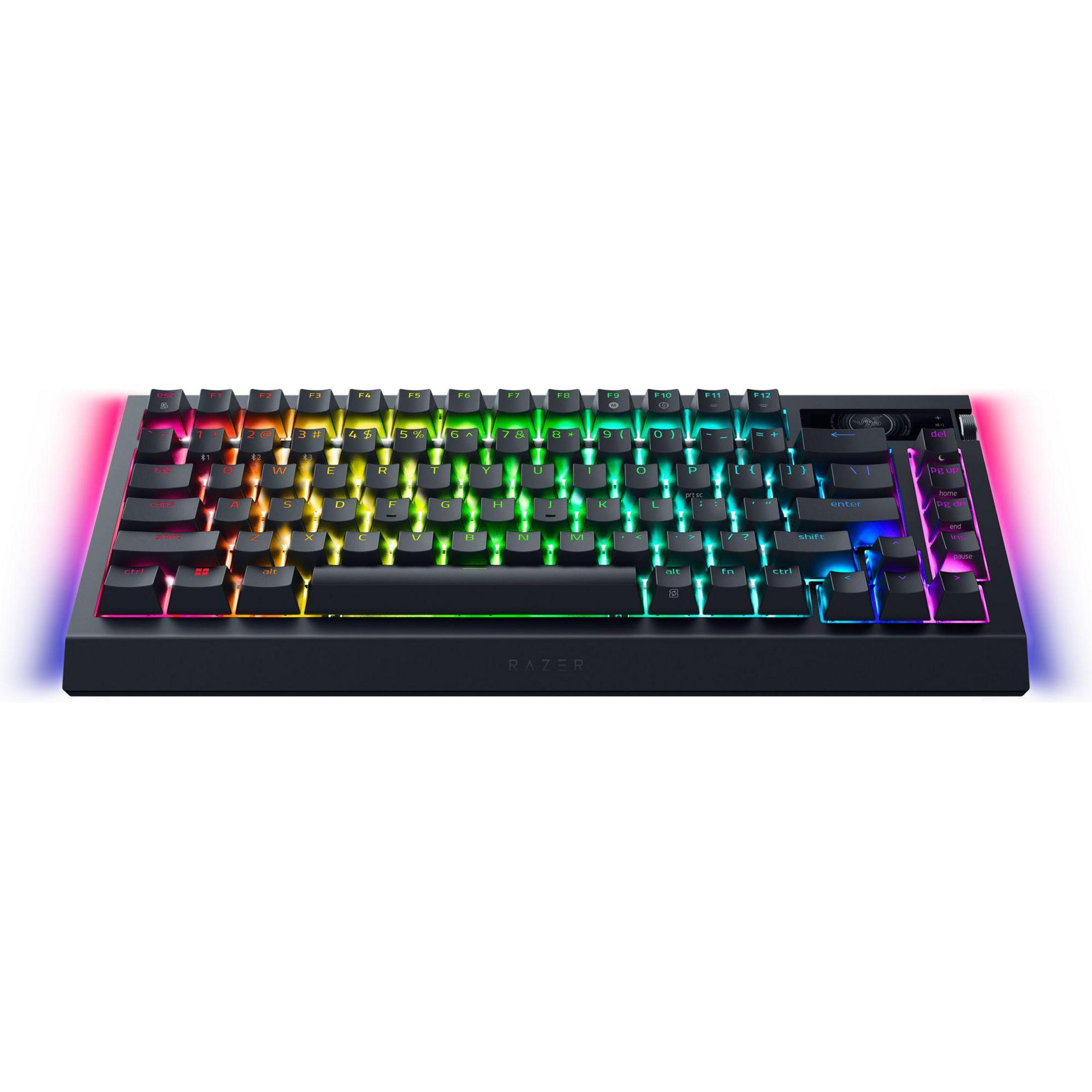 Zwart gaming toetsenbord met kleurrijk verlichte toetsen. Razer logo zichtbaar. Witte achtergrond.