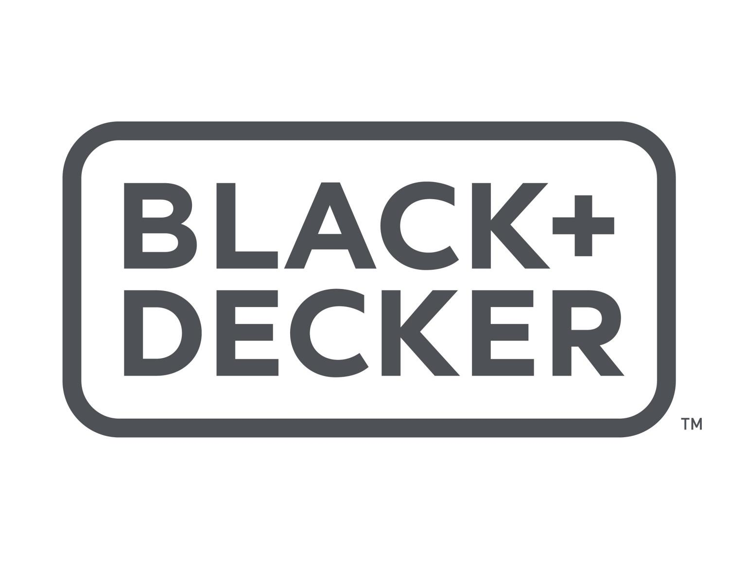 Logo Black+Decker w szarym prostokącie. Słowa BLACK+DECKER pogrubioną czcionką bezszeryfową.