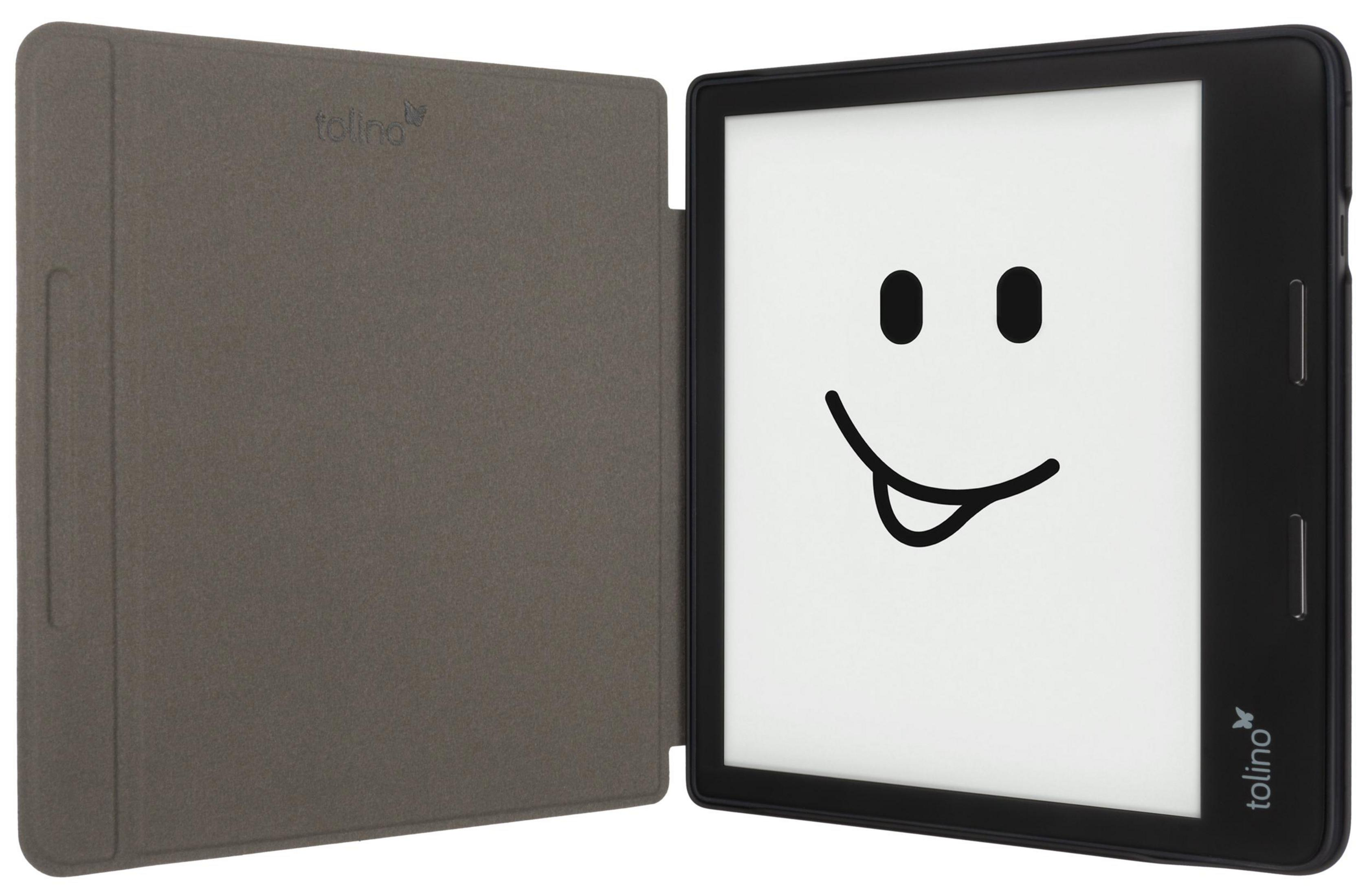 Ein geöffneter E-Reader mit Smiley-Gesicht auf dem Bildschirm, daneben eine geschlossene Hülle.