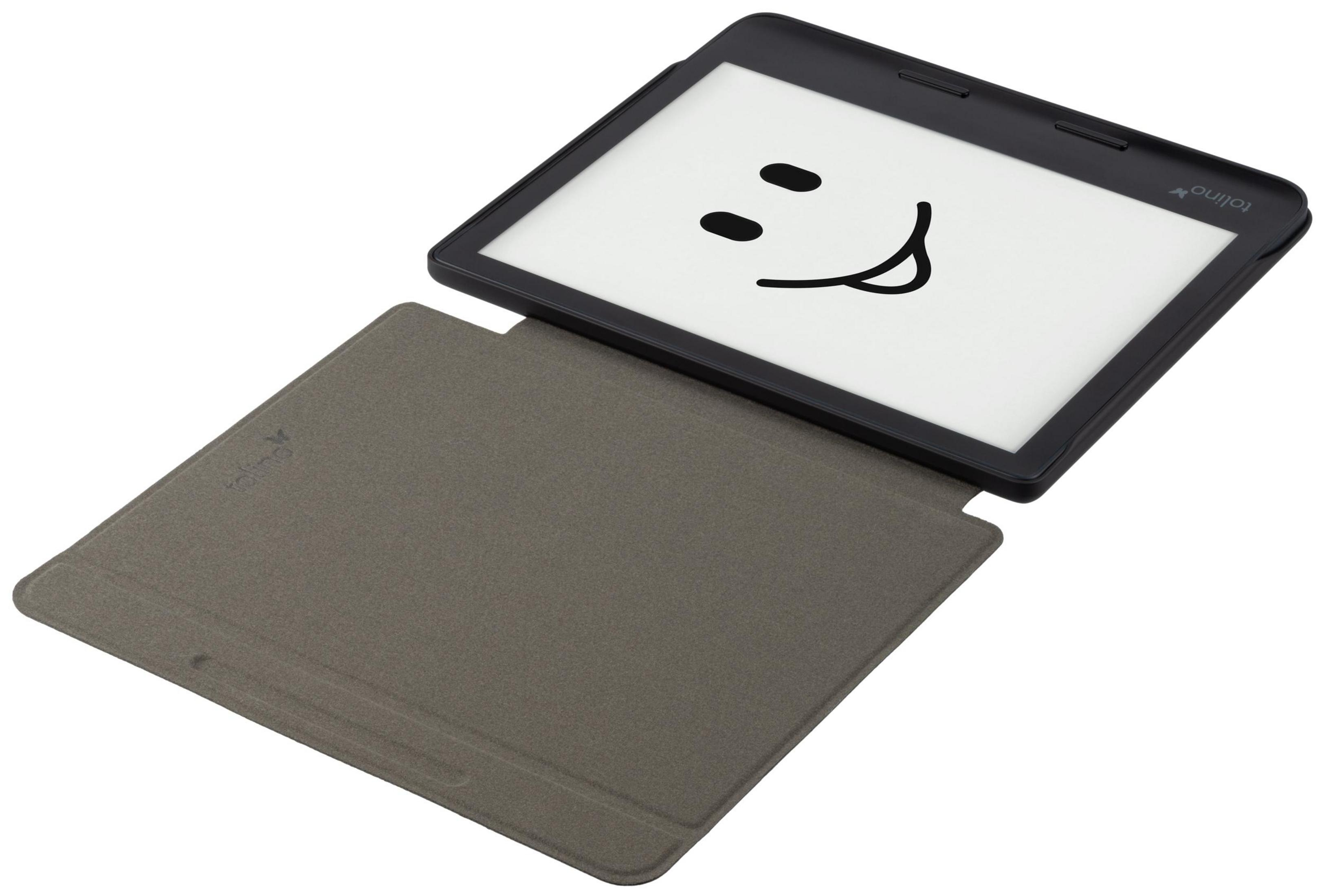 Ein E-Reader mit einem Smiley auf dem Bildschirm, der auf einer Hülle liegt. Der E-Reader ist schwarz, die Hülle grau.