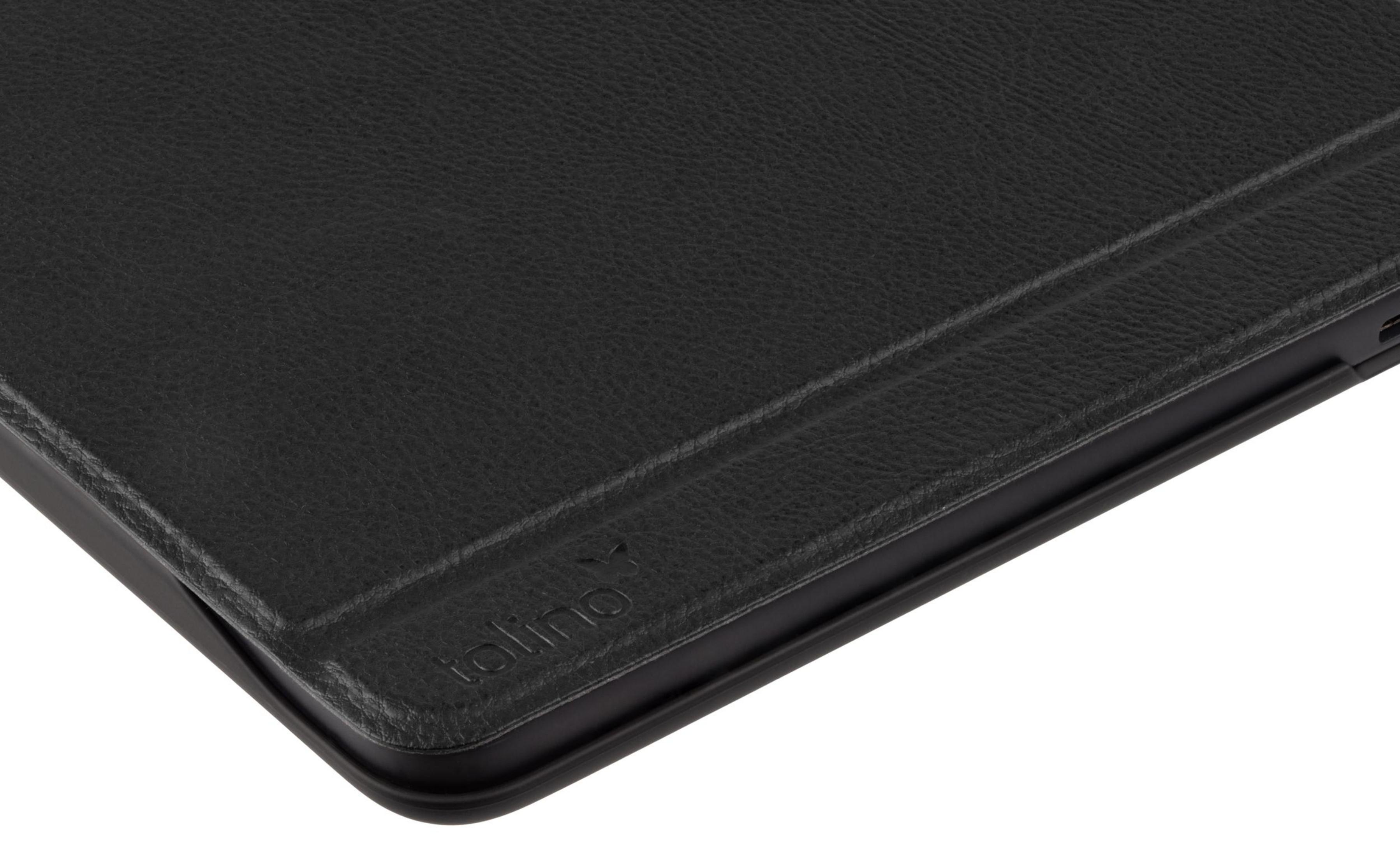 Nahaufnahme einer schwarzen Tablet-Hülle. Das Tolino-Logo ist sichtbar. Die Hülle scheint aus Leder zu sein.