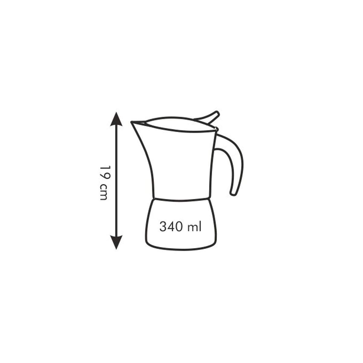 Disegno al tratto di una caffettiera moka bianca con misure: altezza 19 cm, capacità 340 ml.