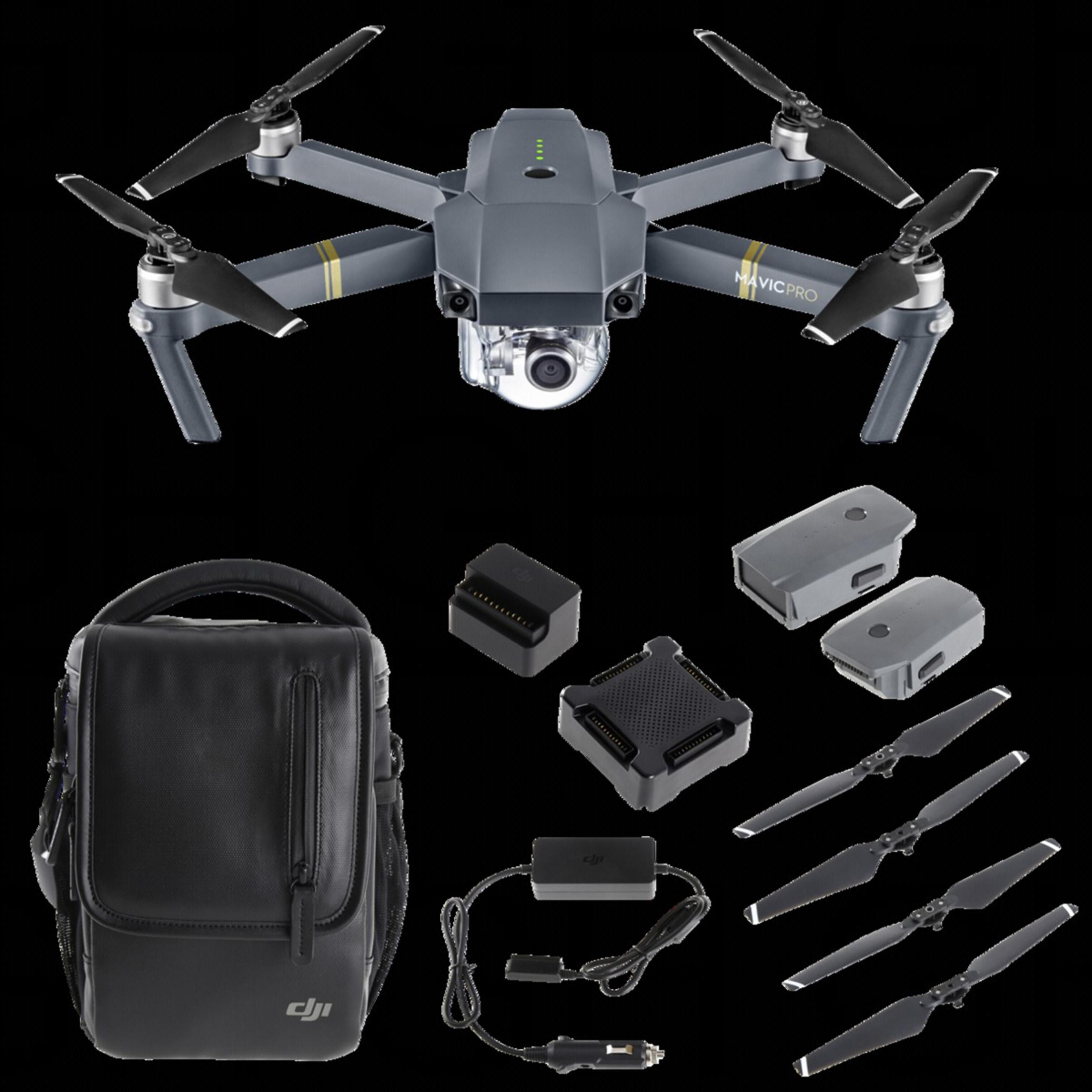 DJI Mavic Pro Drohne und Zubehör. Enthält Tragetasche, Ladegerät, Akkus, Propeller und Fernbedienung.