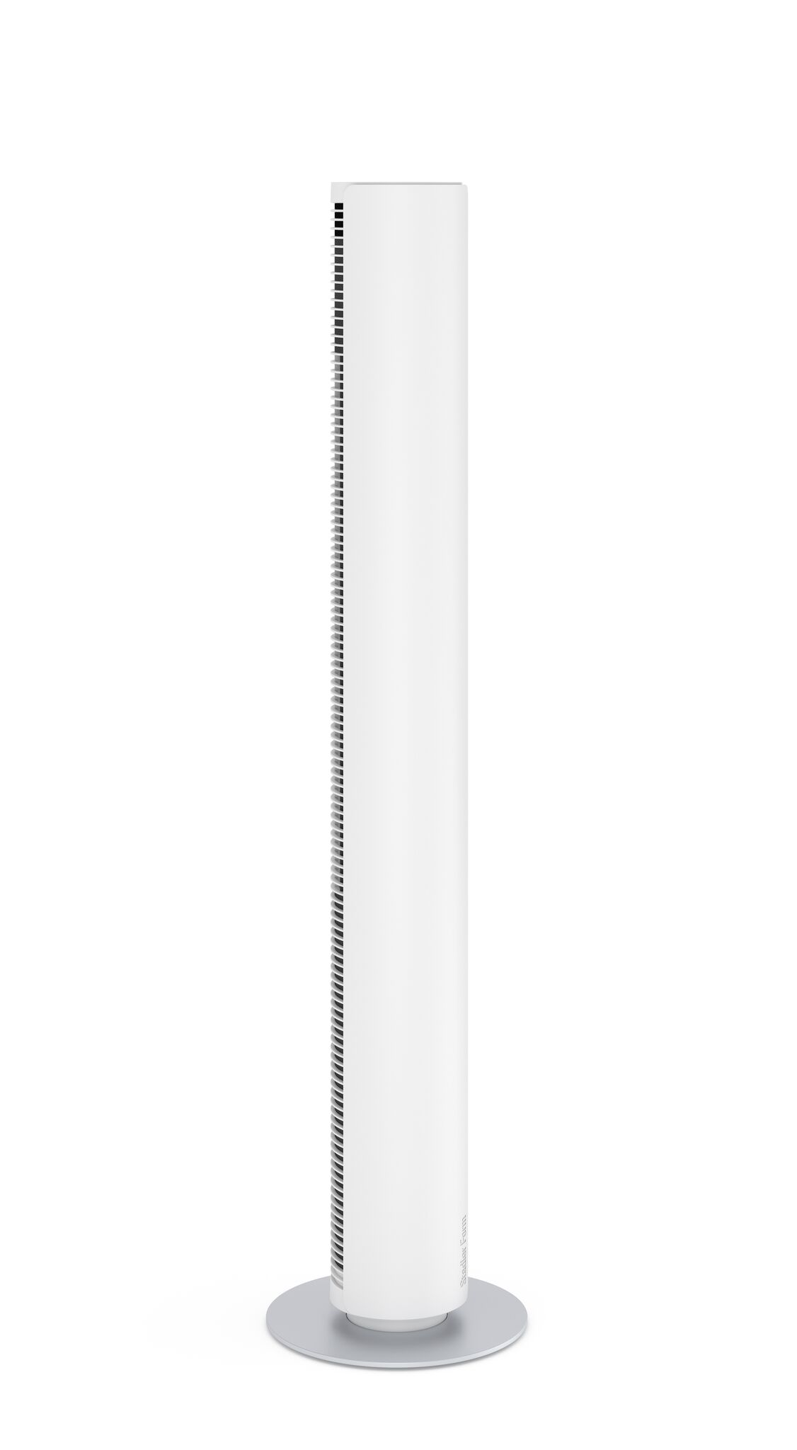 Un ventilateur cylindrique, blanc, sur une base argentée, isolé sur fond blanc.