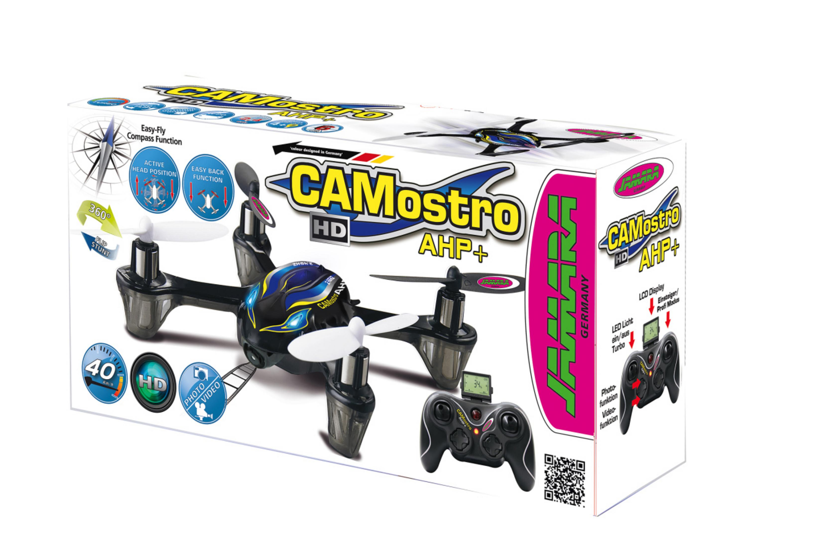 Dron w opakowaniu. Białe pudełko z tekstem i obrazami. Widoczne śmigła i kontroler.