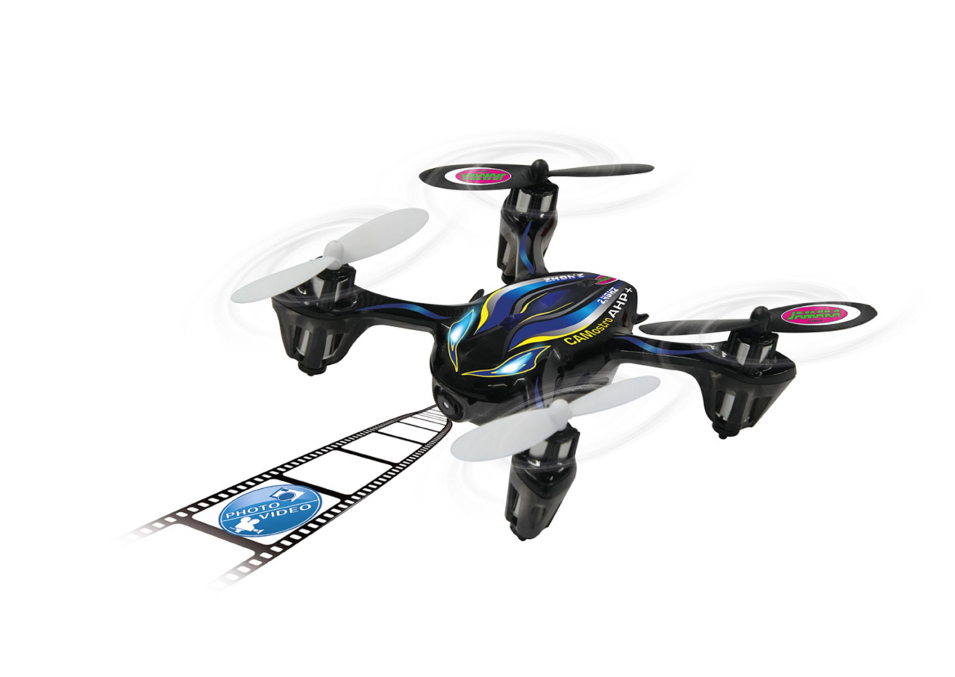 Czarny i niebieski dron z obracającymi się śmigłami, pod spodem ikona taśmy filmowej.