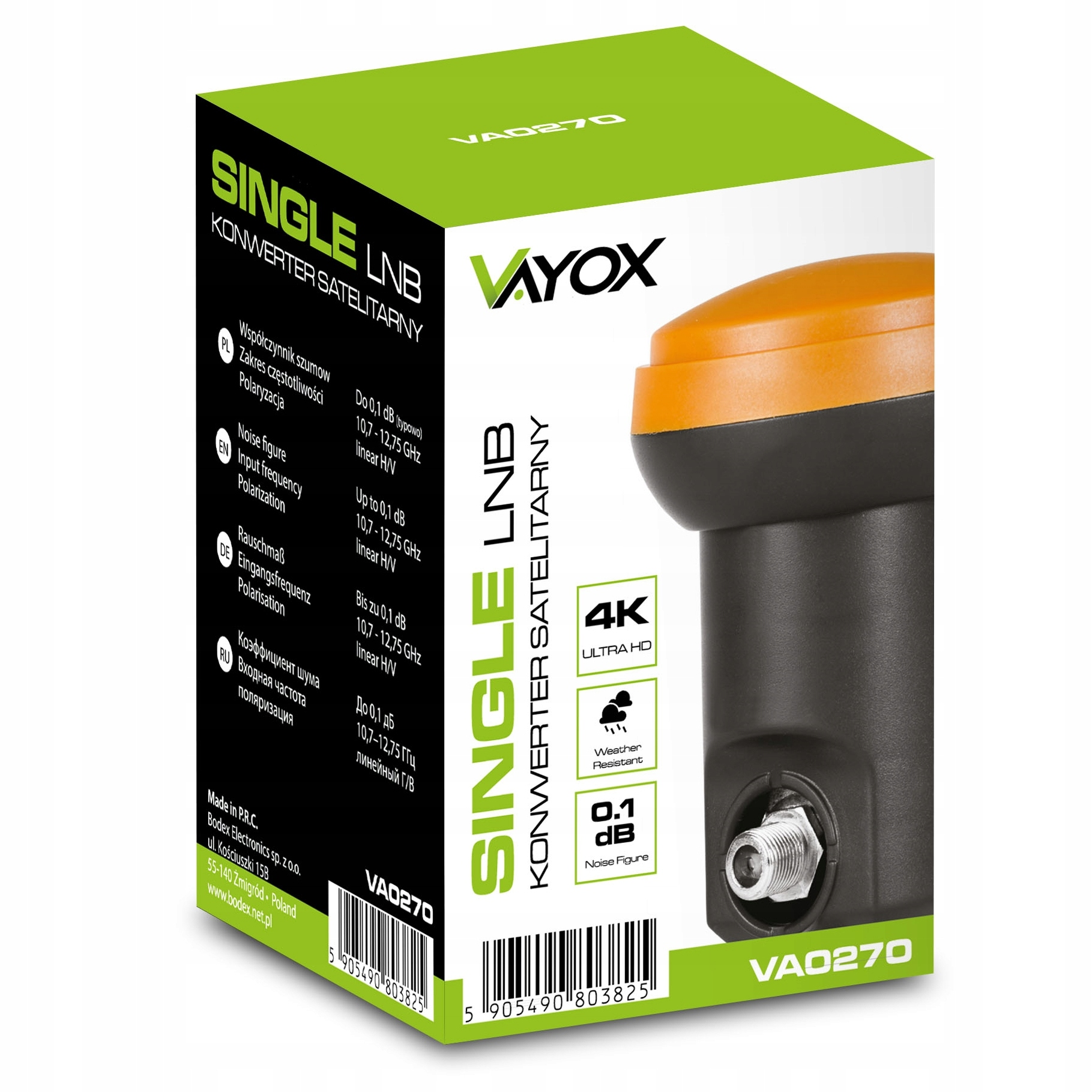Zbliżenie pudełka konwertera satelitarnego LNB z białym i pomarańczowym wzorem. Pudełko jest oznaczone 'SINGLE LNB'.