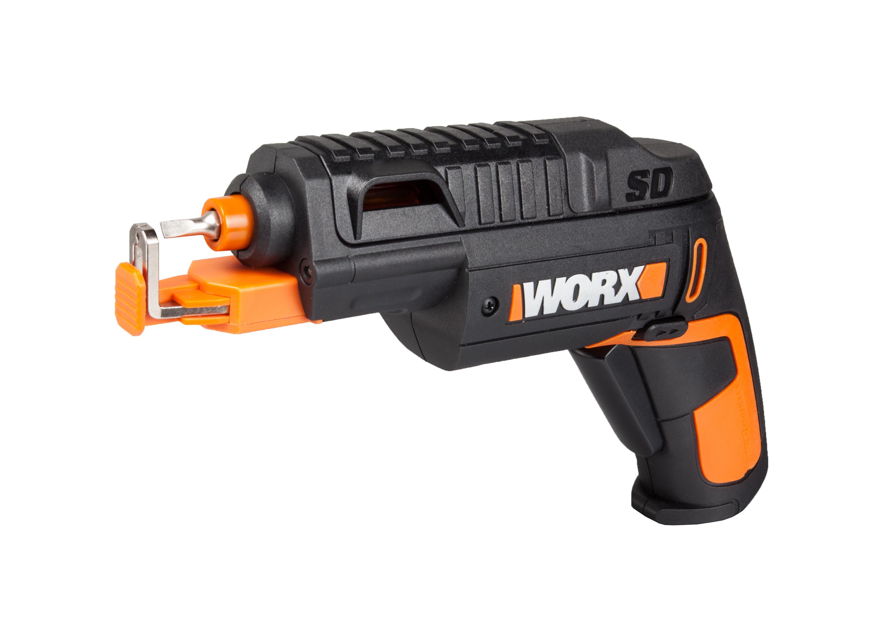 Czarny i pomarańczowy śrubokręt WORX SD. Posiada uchwyt pistoletowy z pomarańczową rękojeścią.