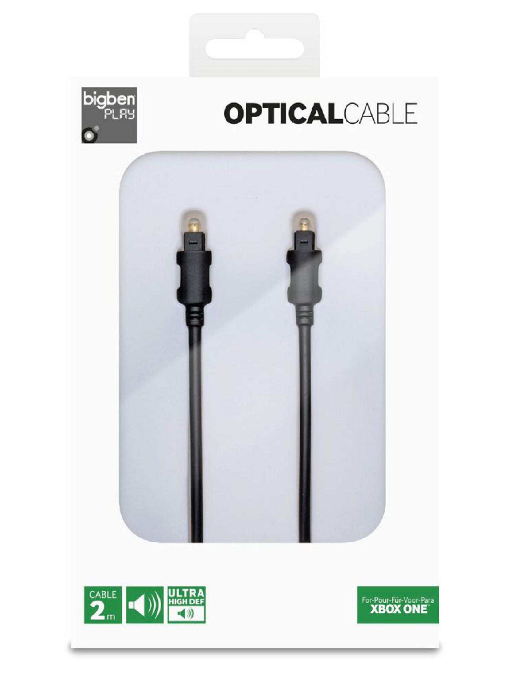 Caja de cable óptico. Cable negro con conectores, fondo blanco. Texto: Cable óptico, 2m, Xbox One.