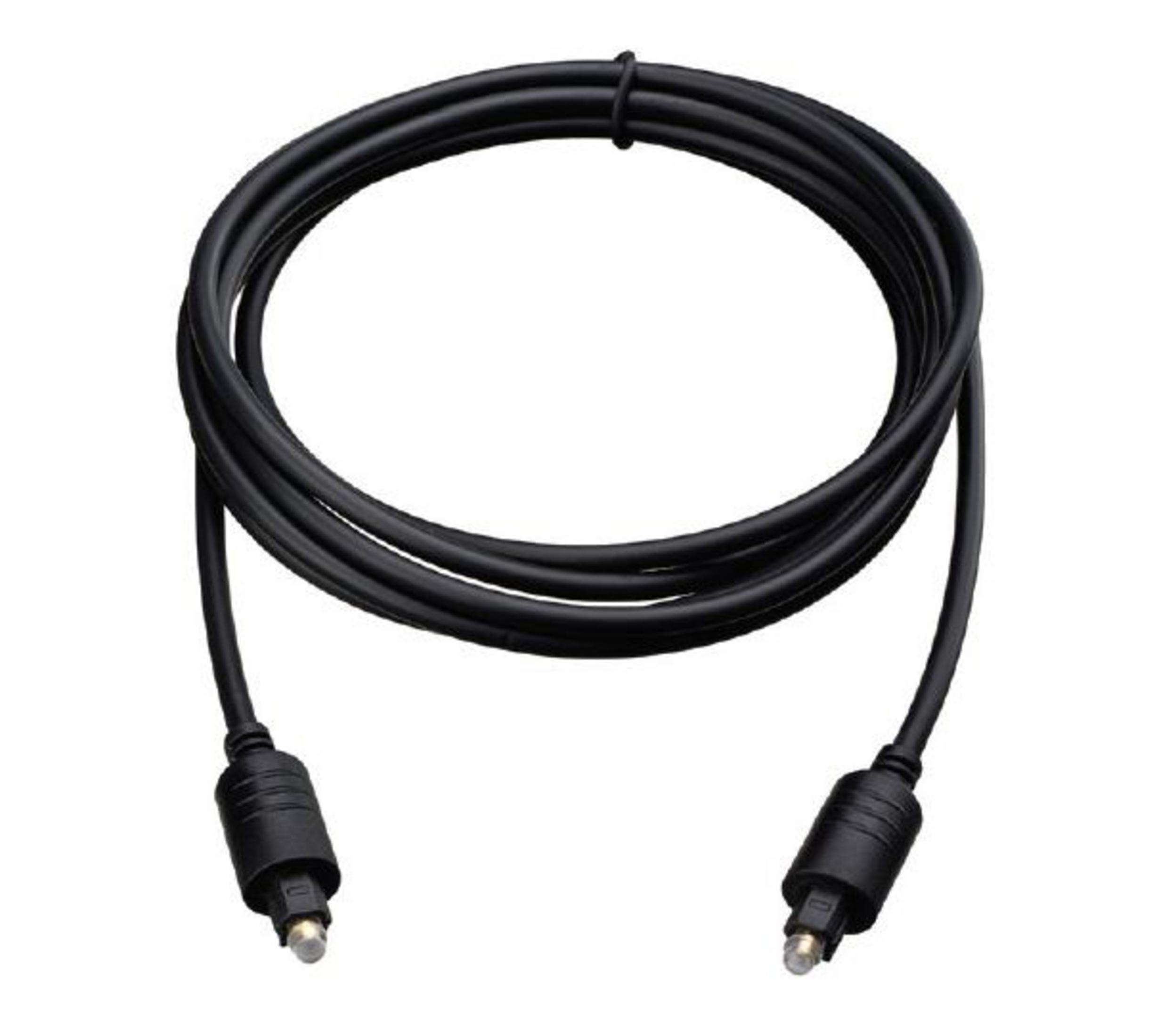 Cable óptico negro con conectores en ambos extremos, enfocado.
