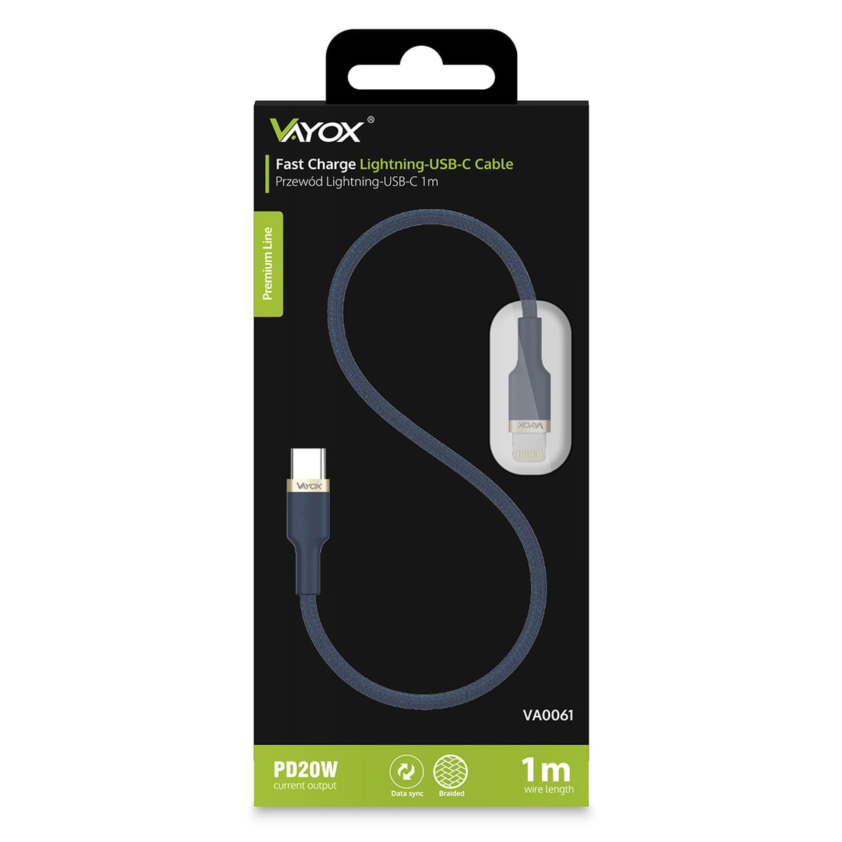 Czarne i szare pudełko z kablem Lightning do USB-C. Tekst na pudełku i biały kabel.